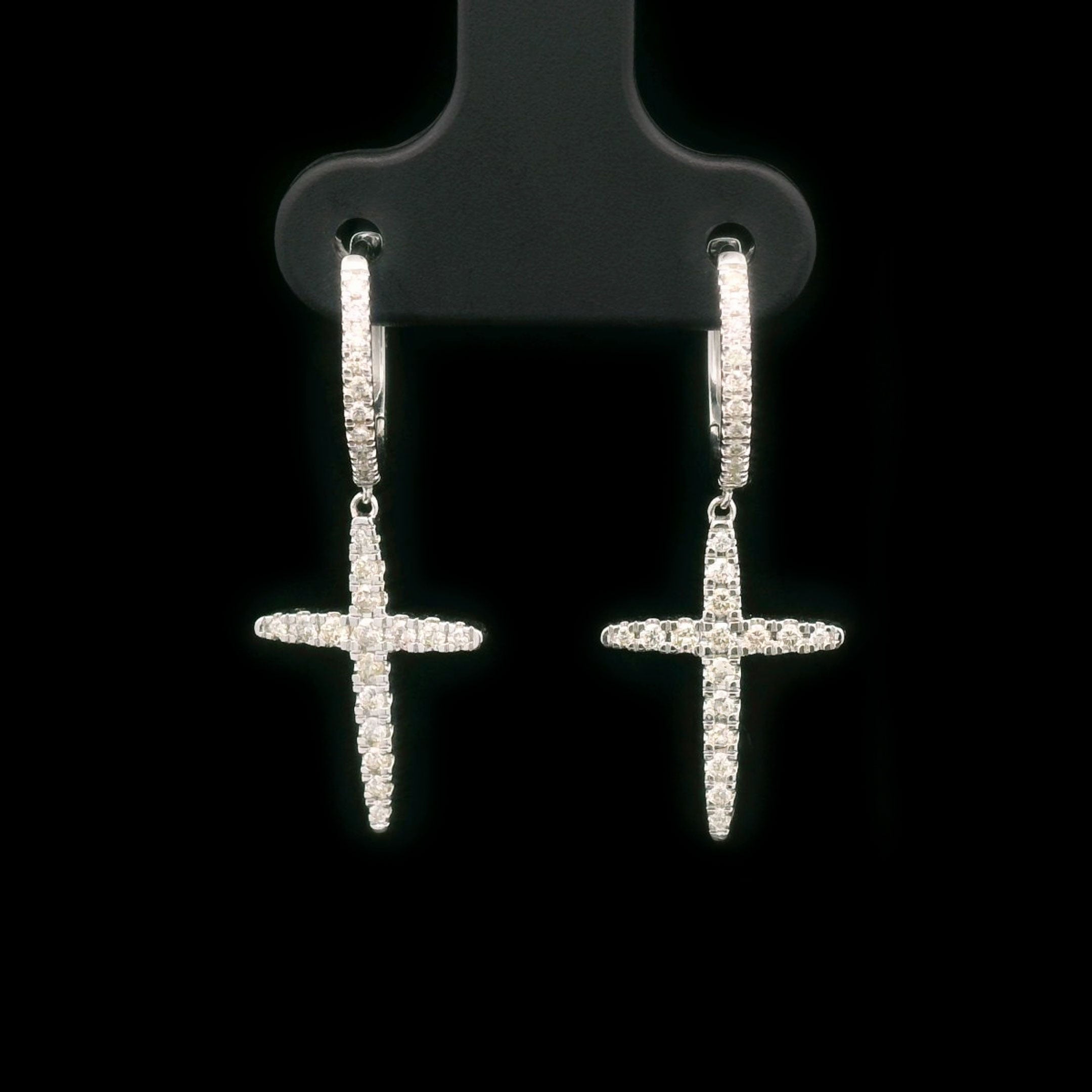 Diamond Cross Hanging Drop Earrings 14k White Gold