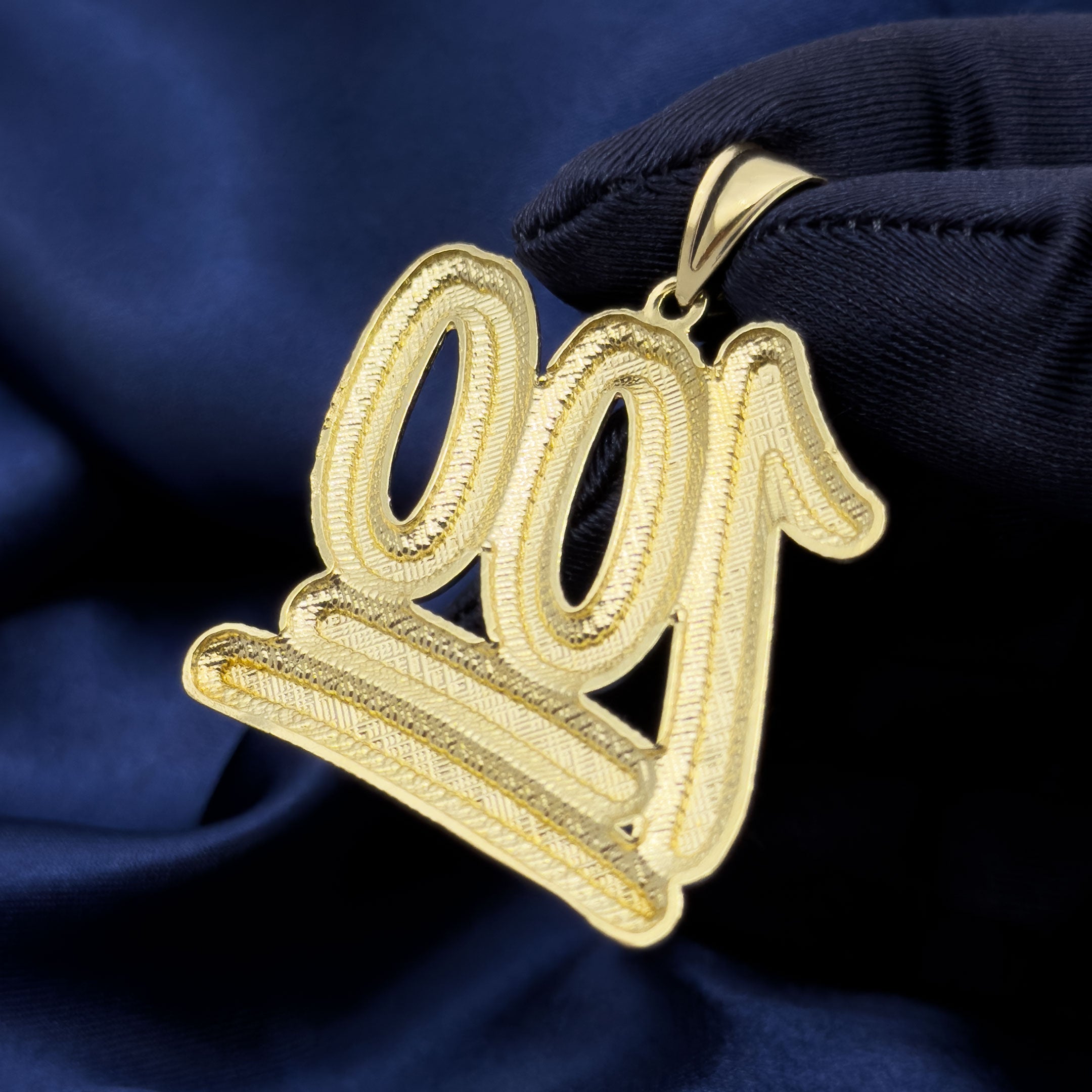 10k Yellow Gold 100 Emoji Symbol Pendant with Diamond Cuts on blue background back