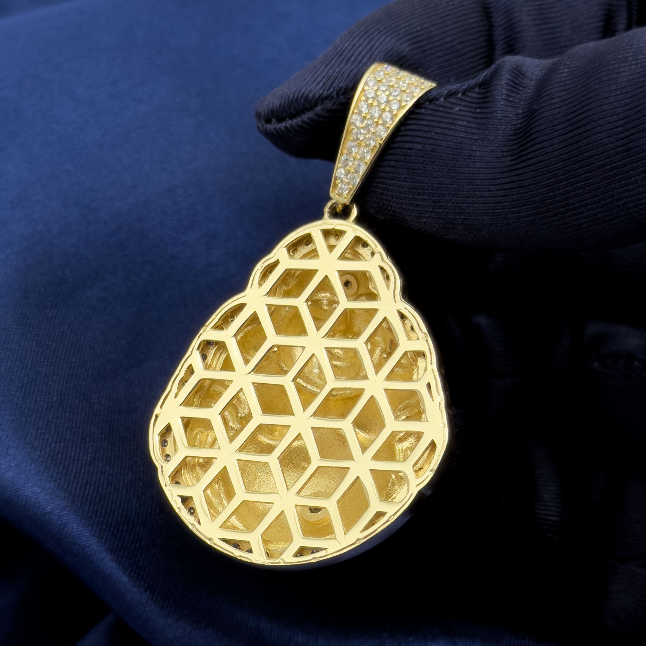 14k Yellow Gold Happy Buddha Pendant with CZ Stones on blue background back