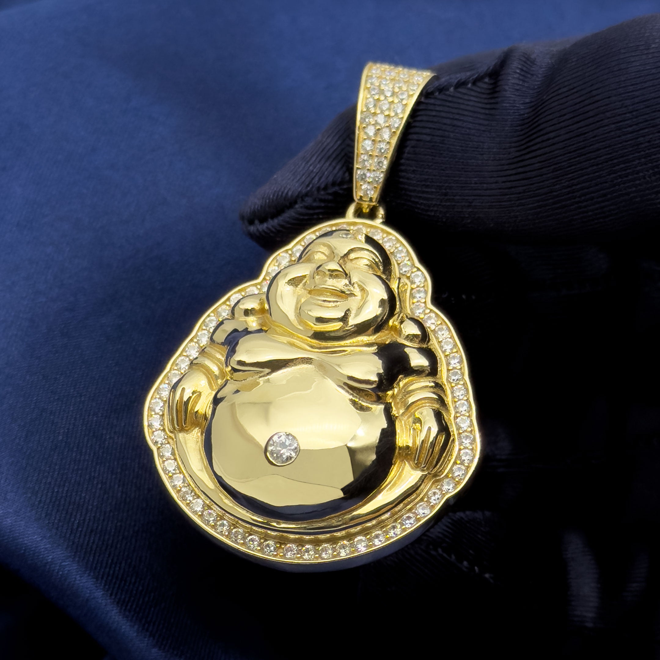 14k Yellow Gold Happy Buddha Pendant with CZ Stones on blue background