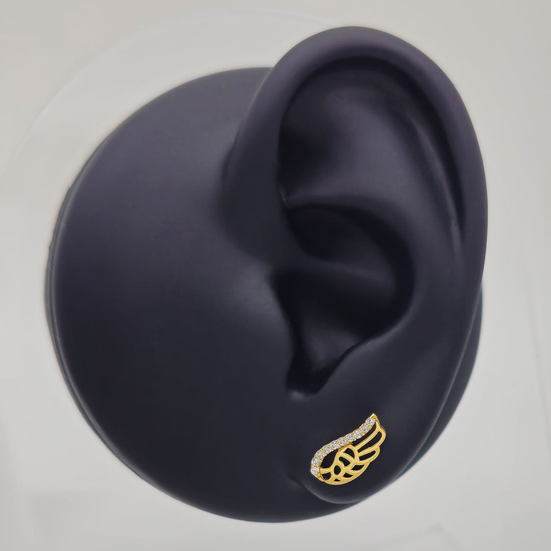 14k CZ Angel Wing Outline Stud Earrings on Ear Display