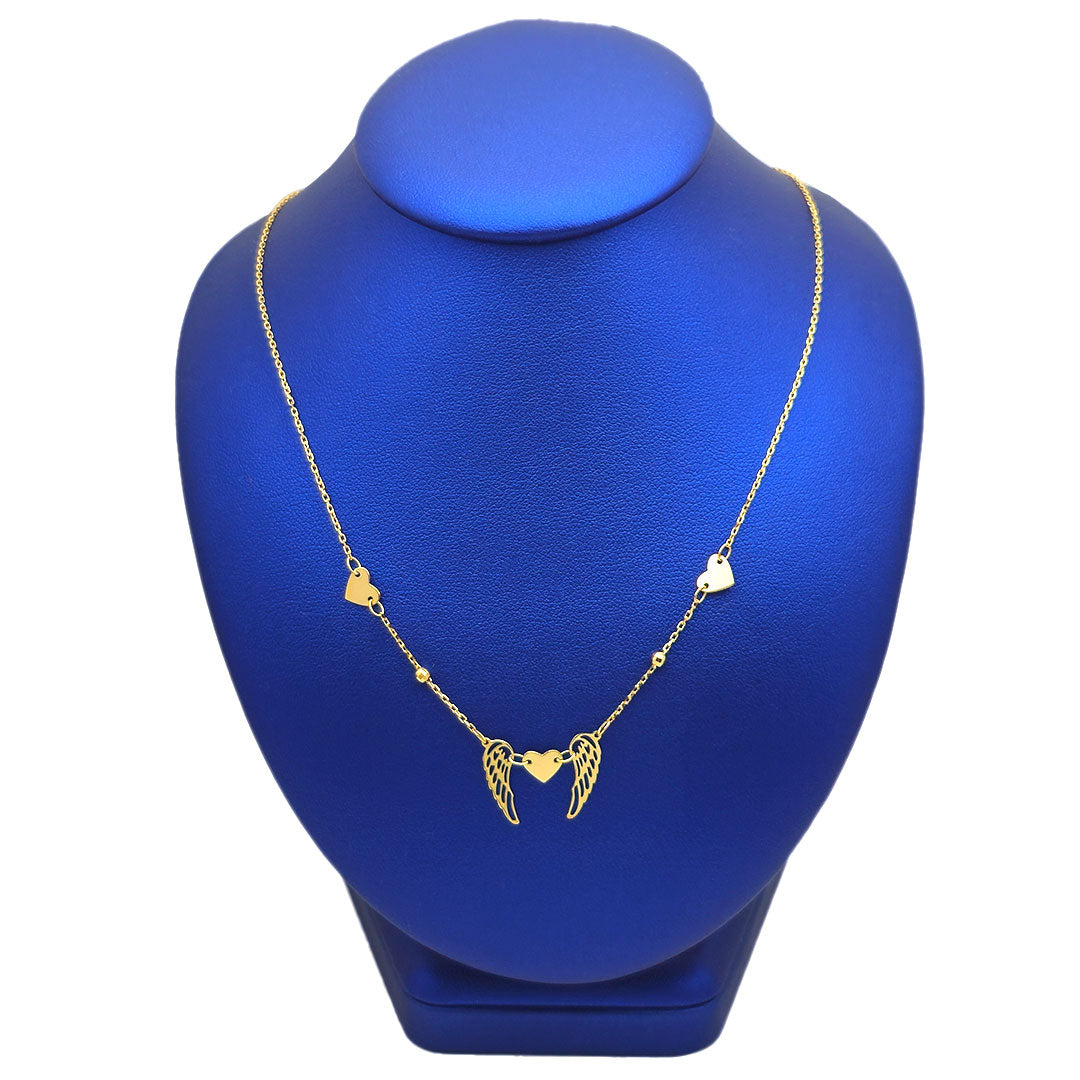 14k Heart & Angel Wing Minimalist Necklace on Blue Jewelry Neck Display