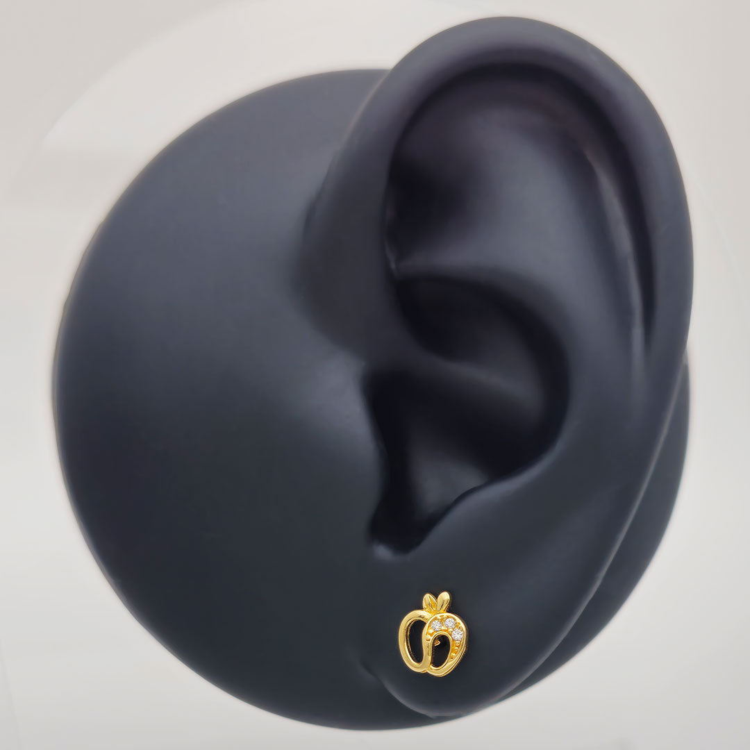 14k CZ Apple Outline Stud Earrings on Ear Display