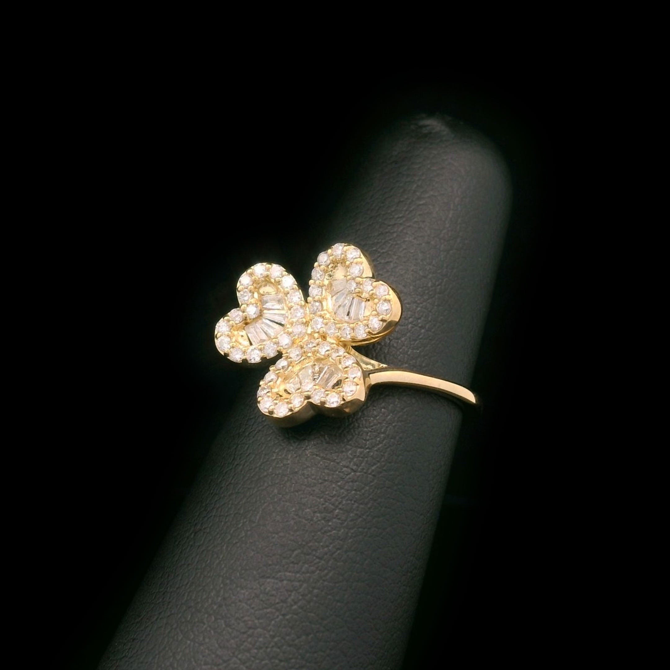 Diamond Triple Heart Clover Ring in 10k Yellow Gold on Finger Display Side