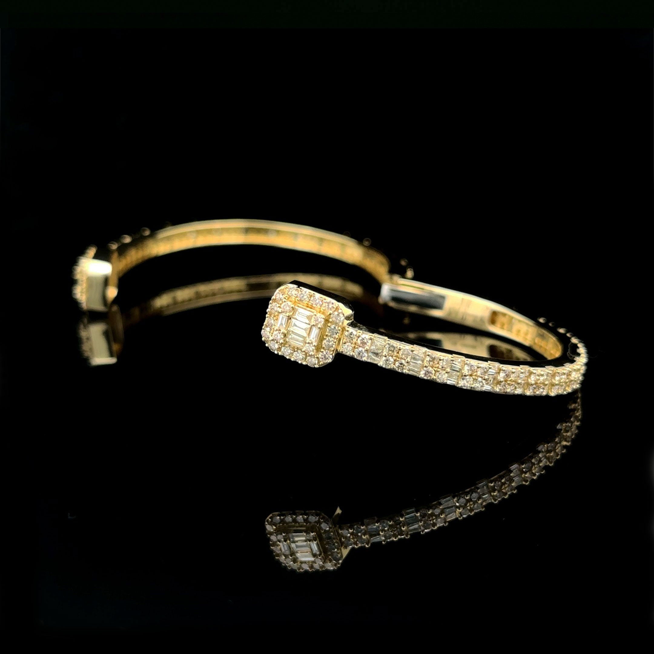 Baguette & Round Diamond Clip Open Wrap Bracelet 10k Yellow Gold 4.00ct Opened at an Angle