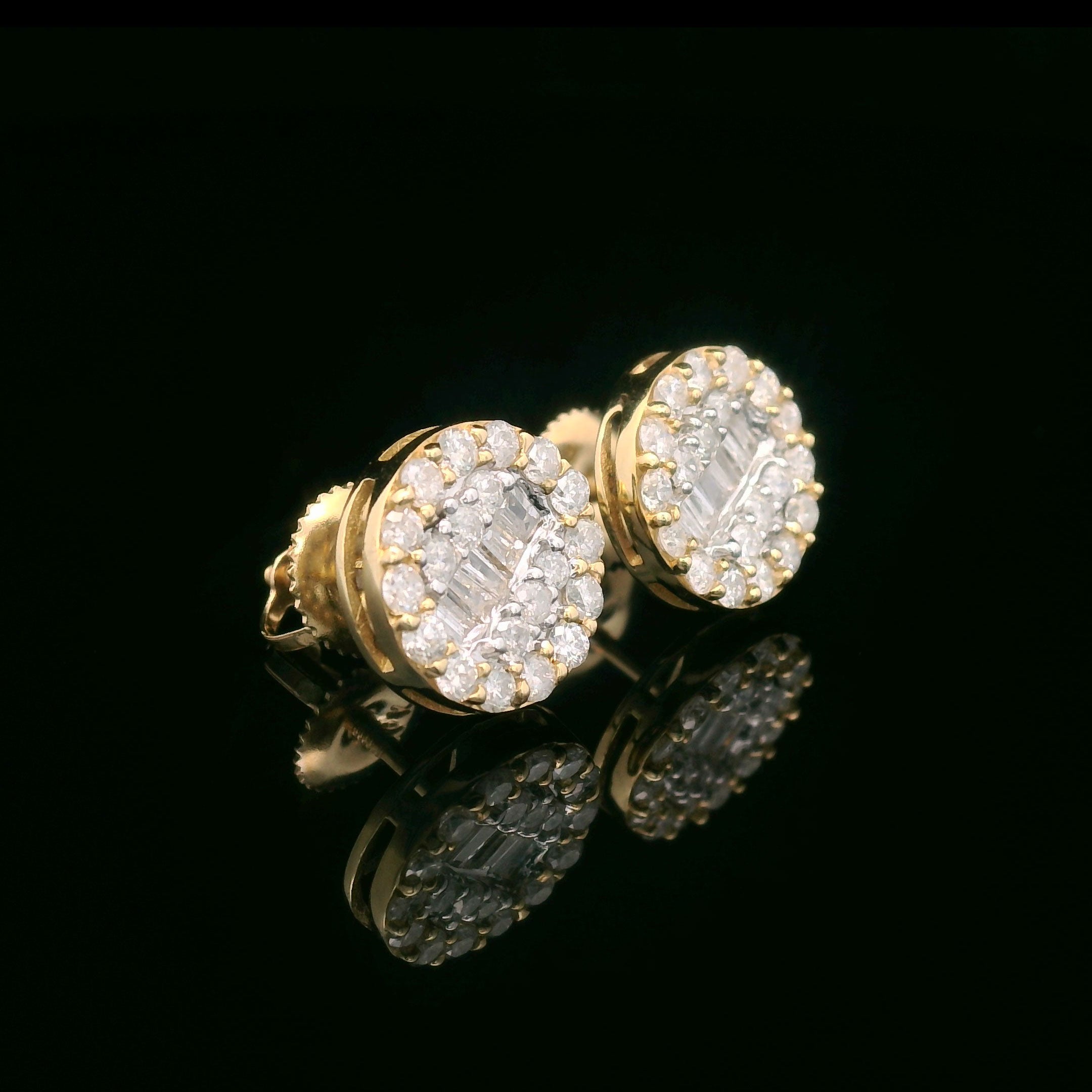 Baguette and round diamond screw back earrings side