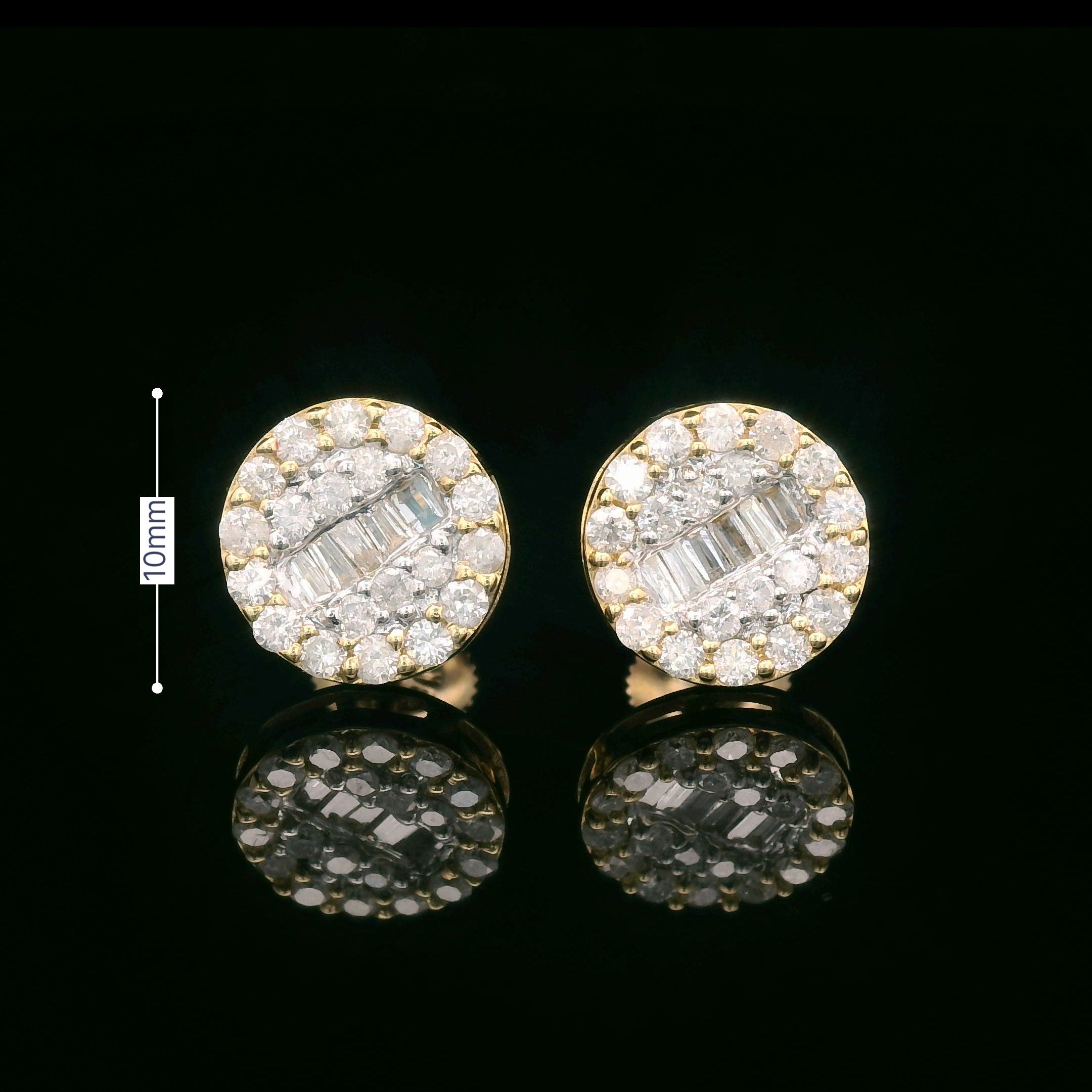 Baguette and round diamond screw back earrings size 10mm