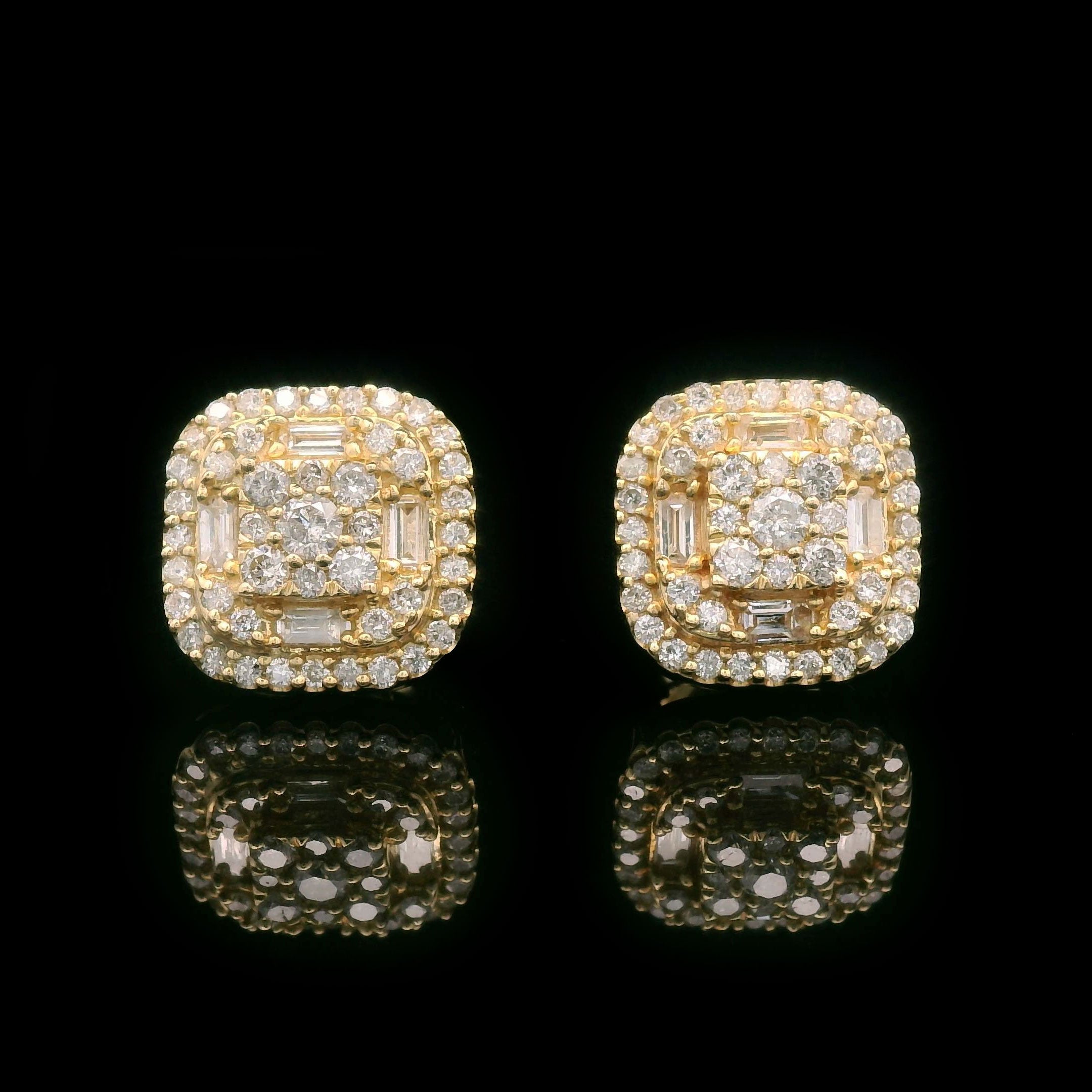 Baguette and Round Diamond Square Screw Back Earrings in 10k Yellow Gold