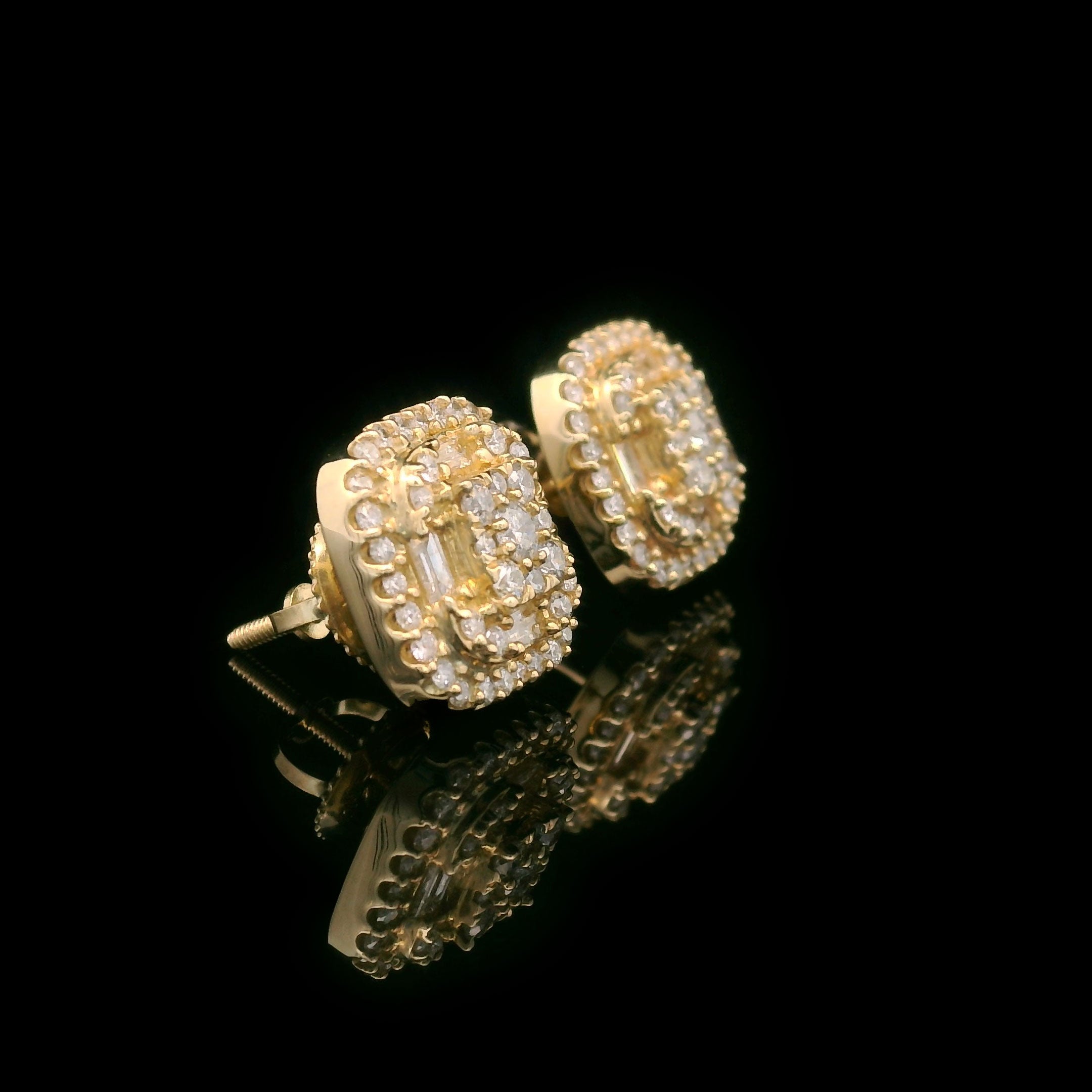 Baguette and Round Diamond Square Screw Back Earrings in 10k Yellow Gold Side