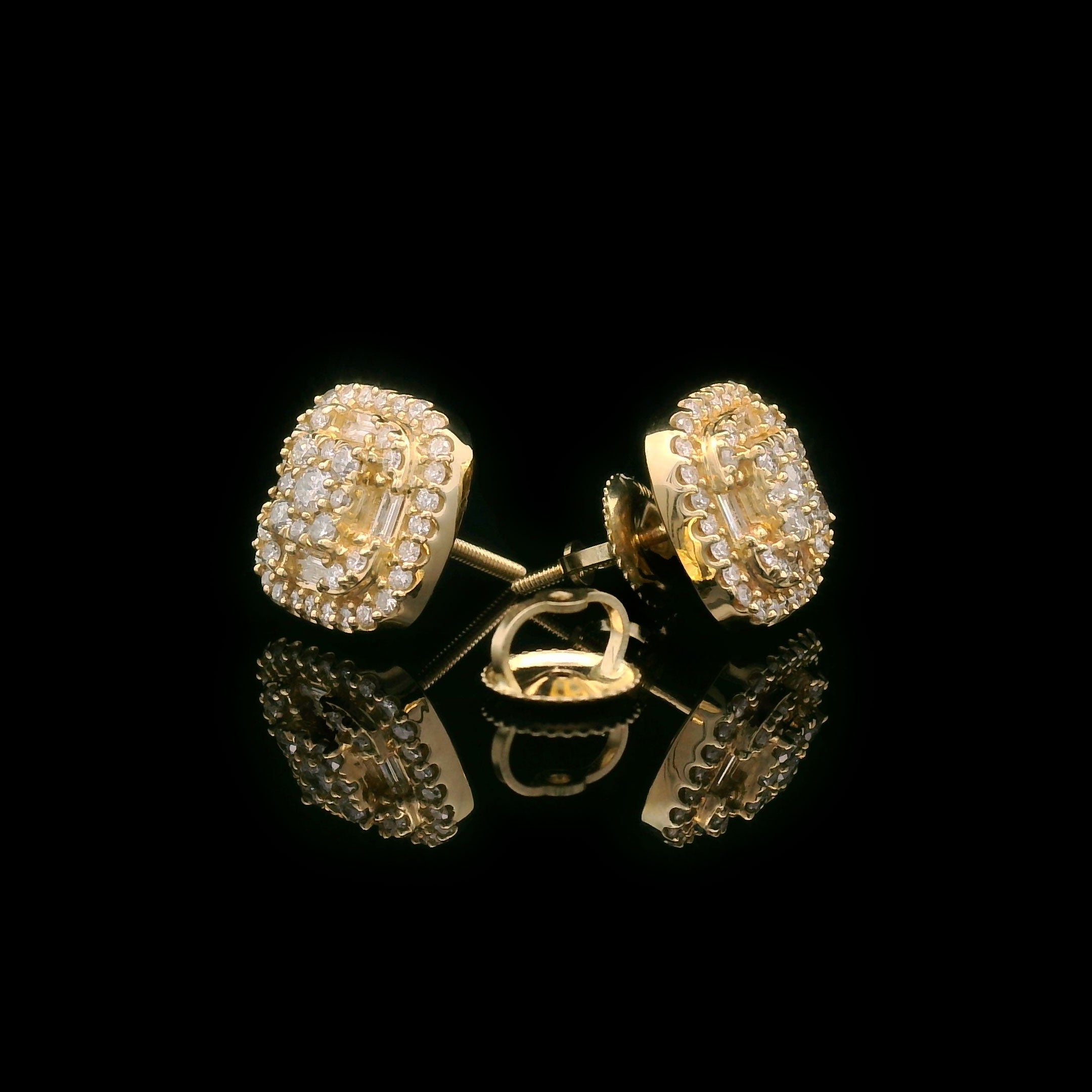 Baguette and Round Diamond Square Screw Back Earrings in 10k Yellow Gold Opened