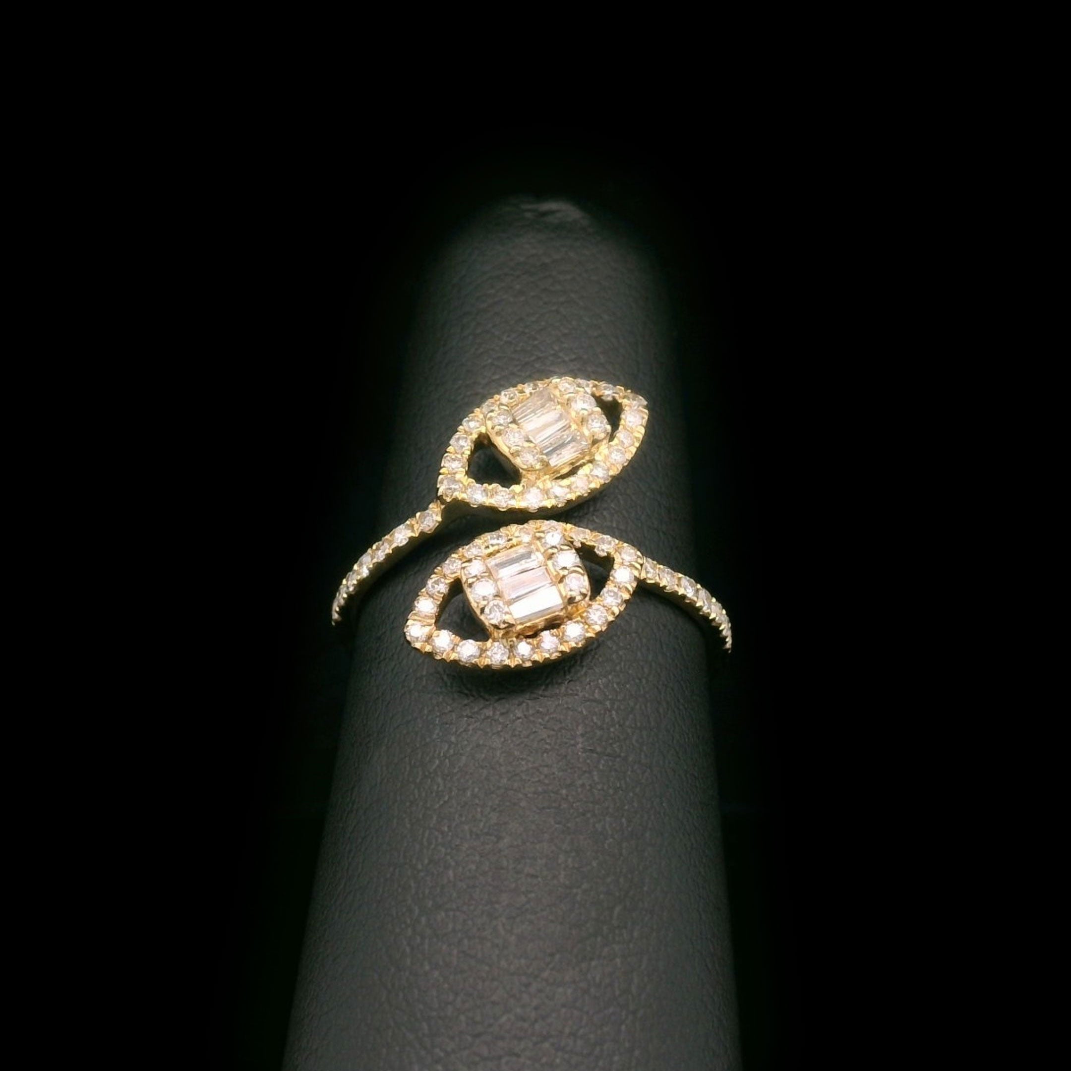 Baguette & Round Diamond Marquise Open Wrap Ring in 10k Yellow Gold on Finger Display