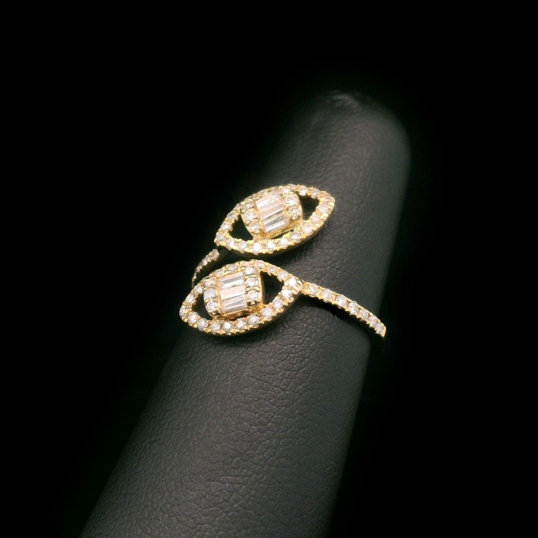 Baguette & Round Diamond Marquise Open Wrap Ring in 10k Yellow Gold on Finger Display Side