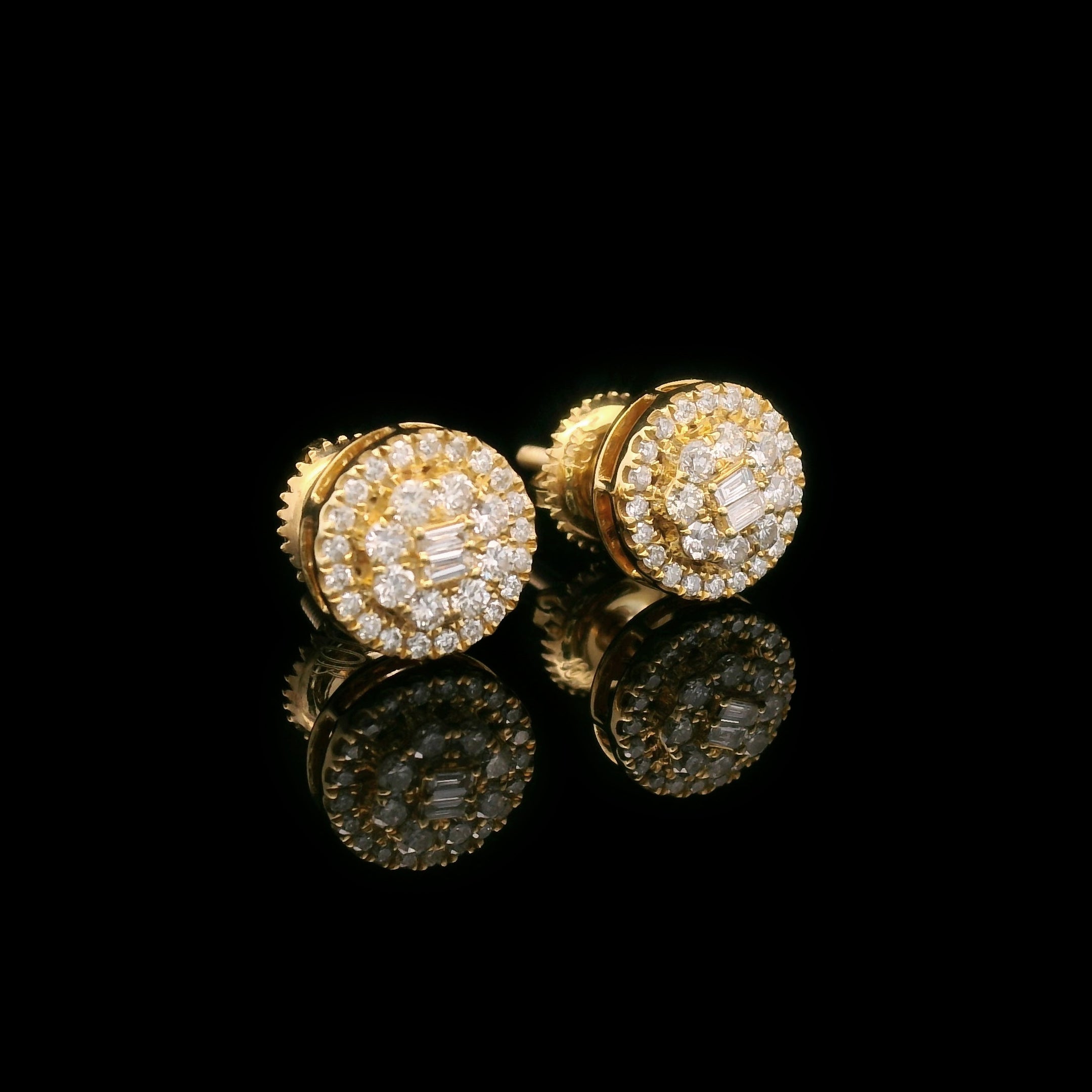 Baguette & Round Diamond Round Screw Back Earrings 10k Yellow Gold 0.50ctw Side