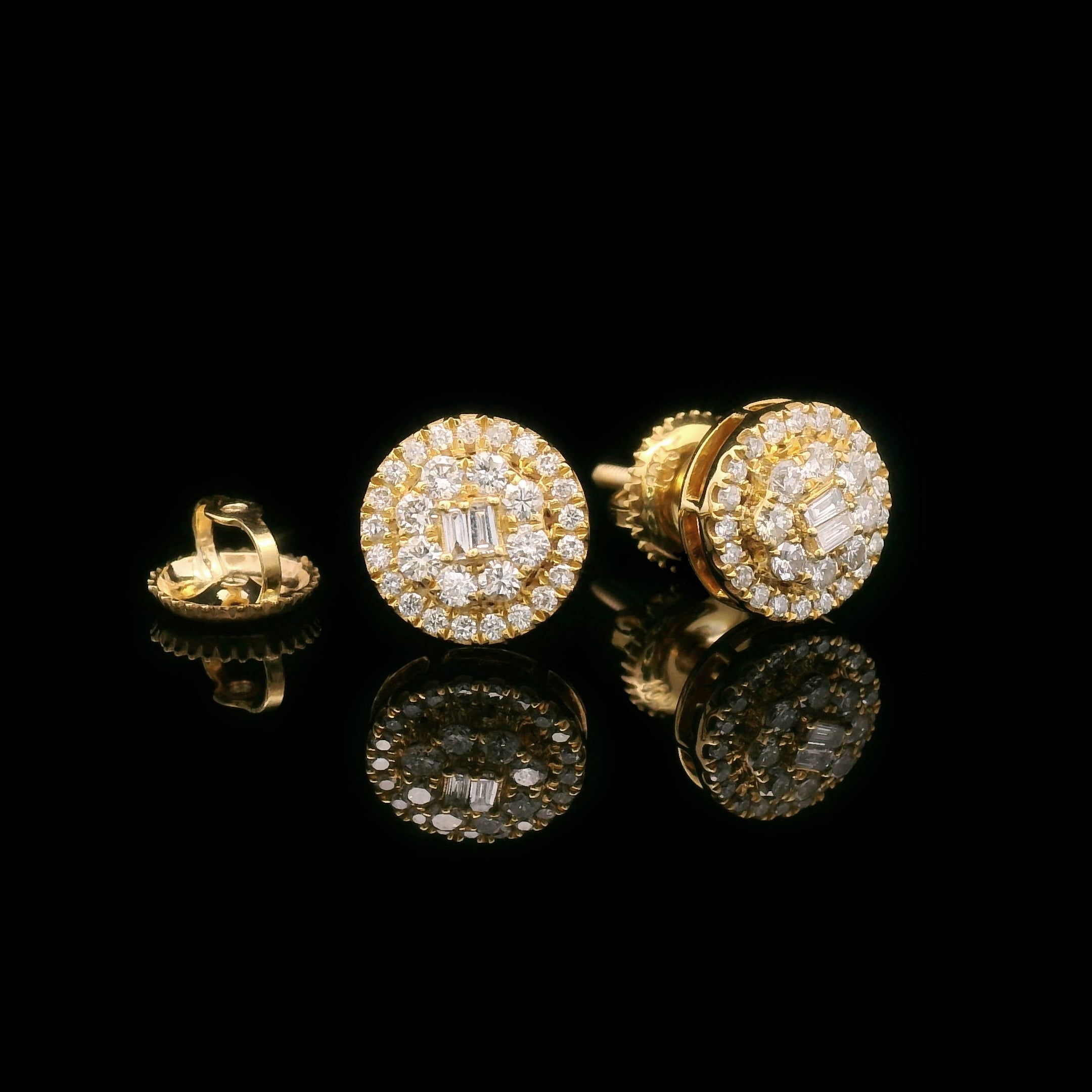 Baguette & Round Diamond Round Screw Back Earrings 10k Yellow Gold 0.50ctw Opened