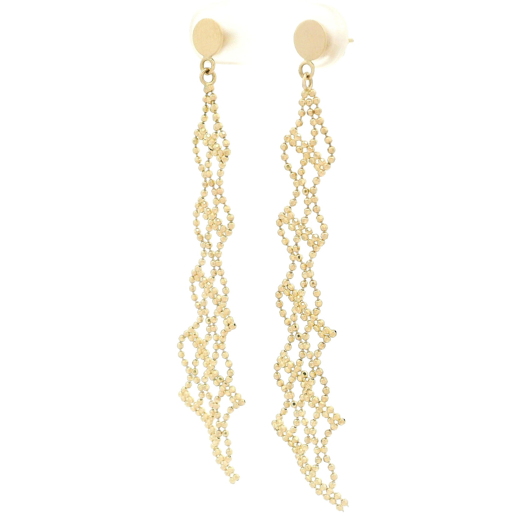 14k yellow gold beaded design chandelier earrings with circle stud to top