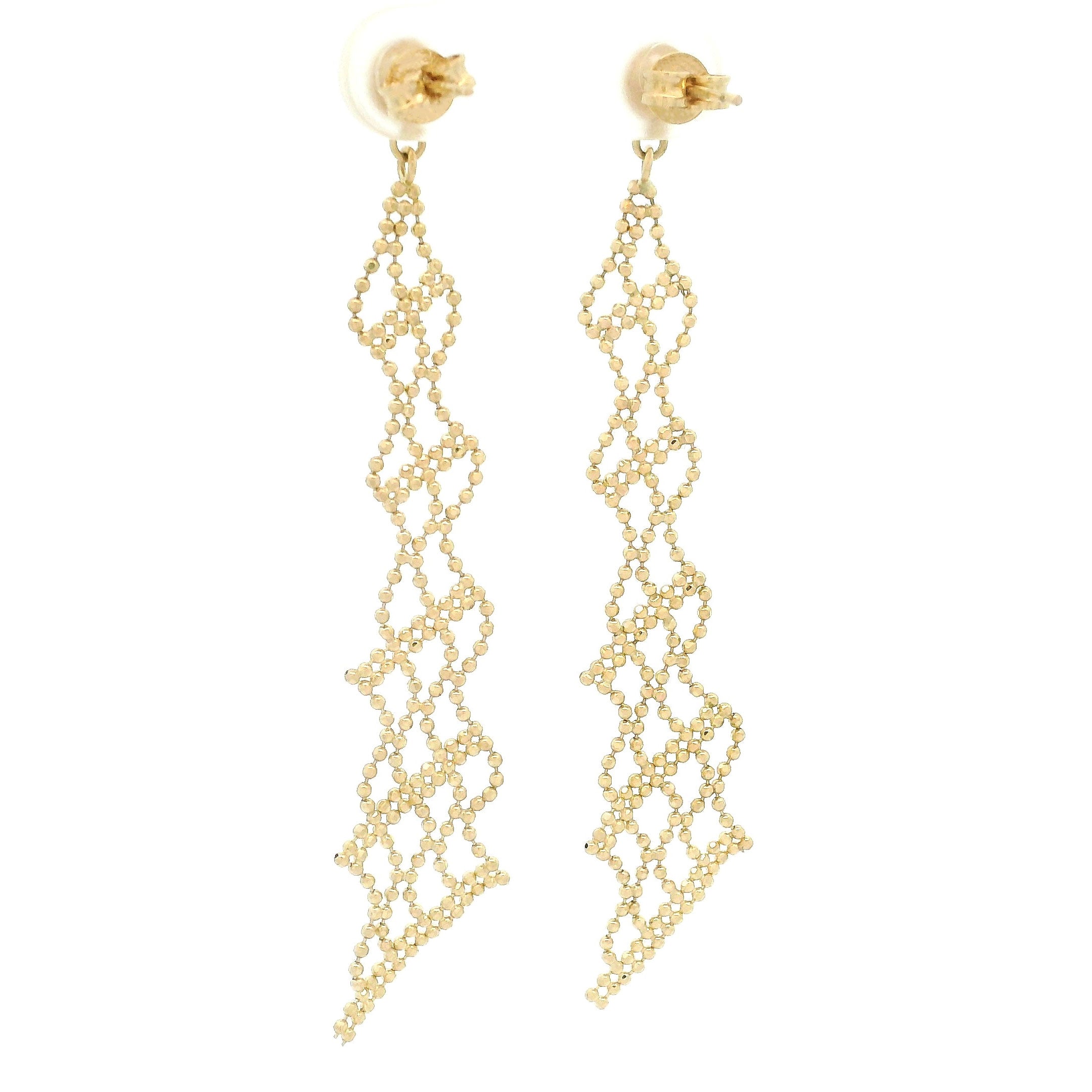 14k yellow gold beaded design chandelier earrings with circle stud to top back view