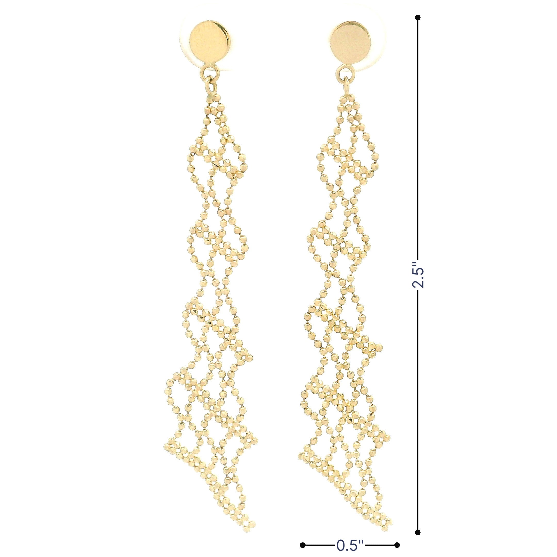 14k yellow gold beaded design chandelier earrings with circle stud to top front view with size
