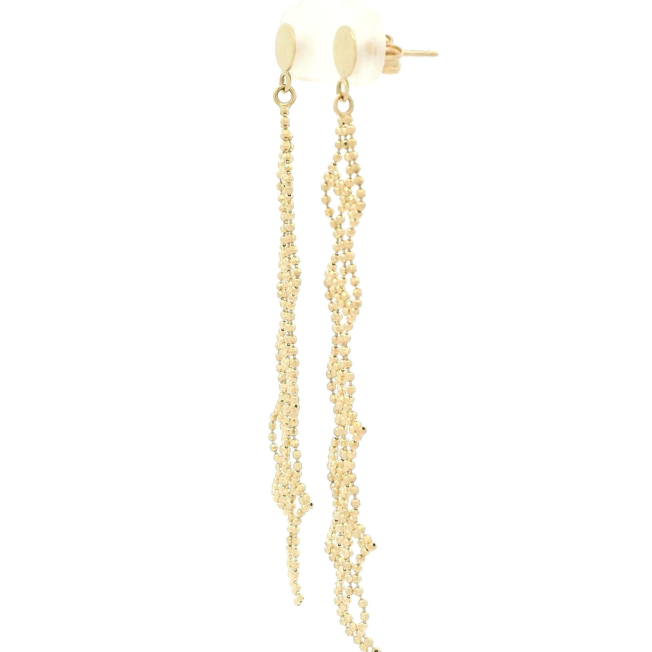 14k yellow gold beaded design chandelier earrings with circle stud to top side view