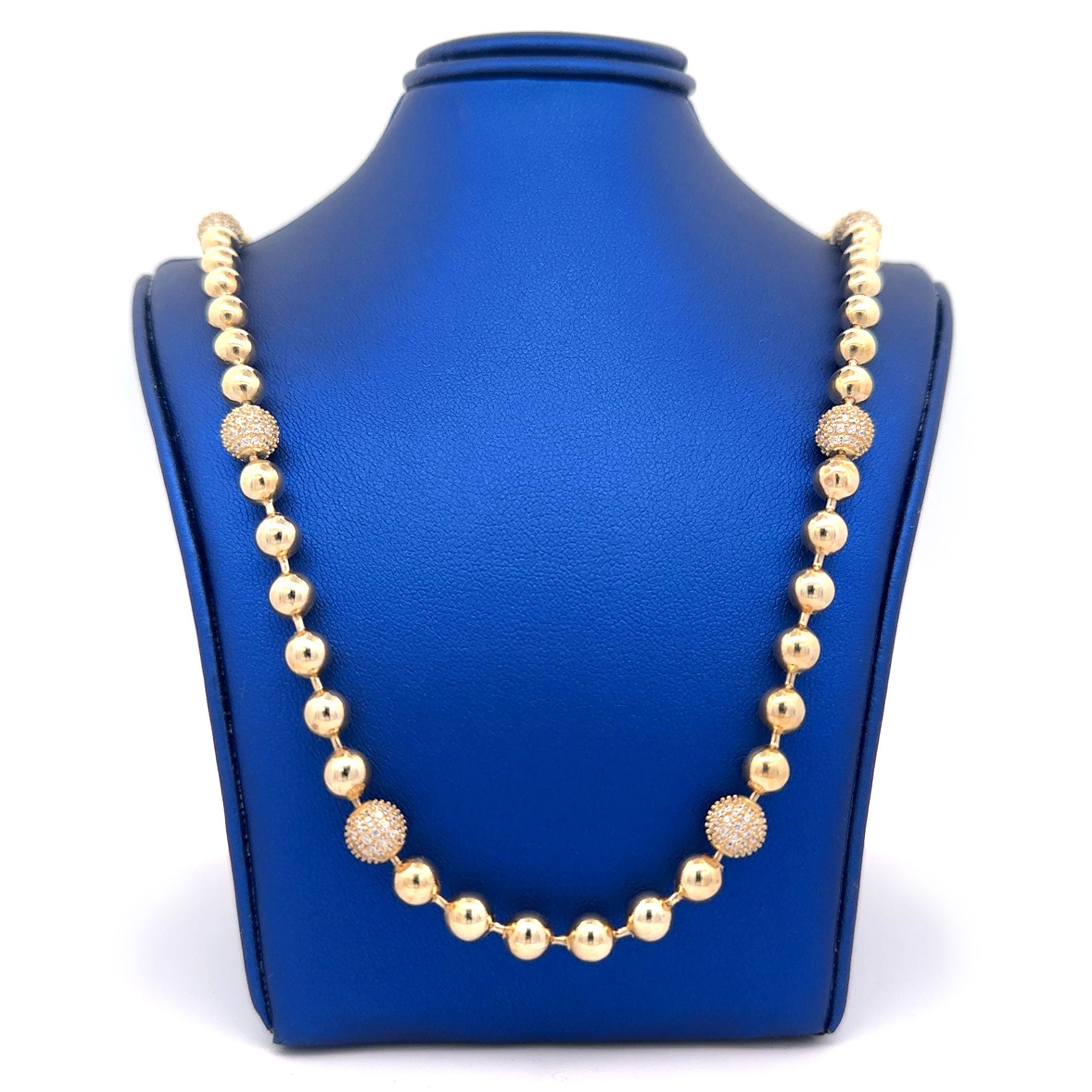 10k CZ Ball & Pave Design Chain on Blue Neck Jewelry Display