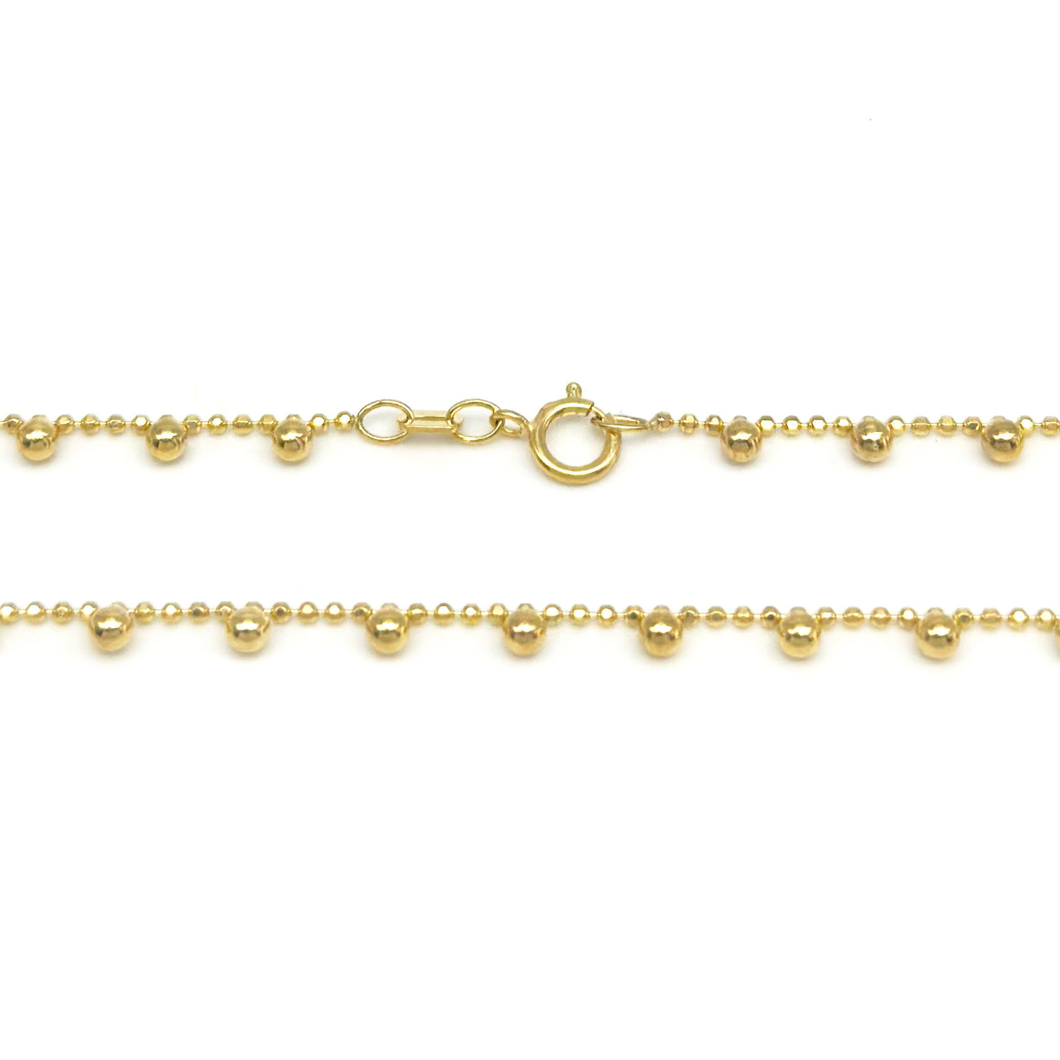 10k yellow gold necklace with moon bead link chain and ball design hanging on a white background close up of spring hook