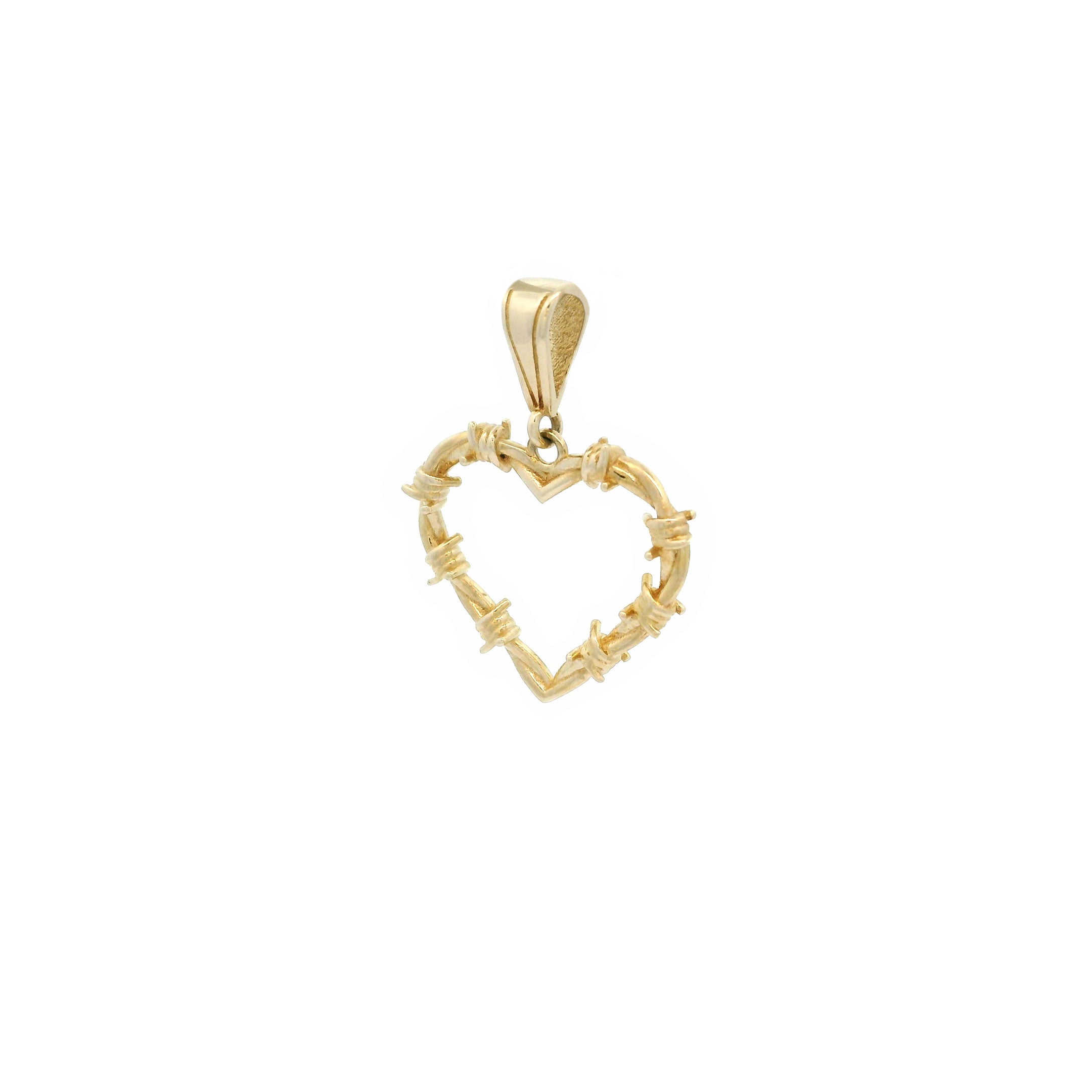 10k Yellow Gold Heart Outline Pendant with Barbwire Design side