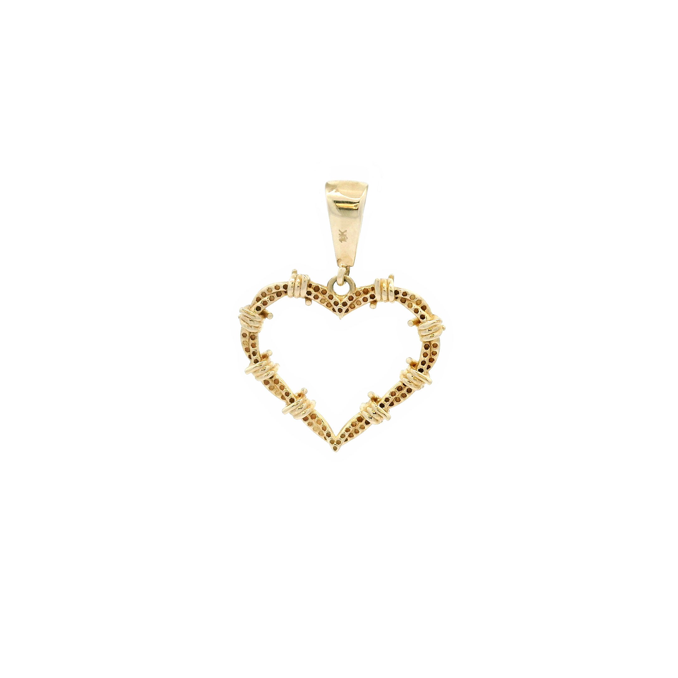 10k Yellow Gold Heart Outline Pendant with Barbwire Design back