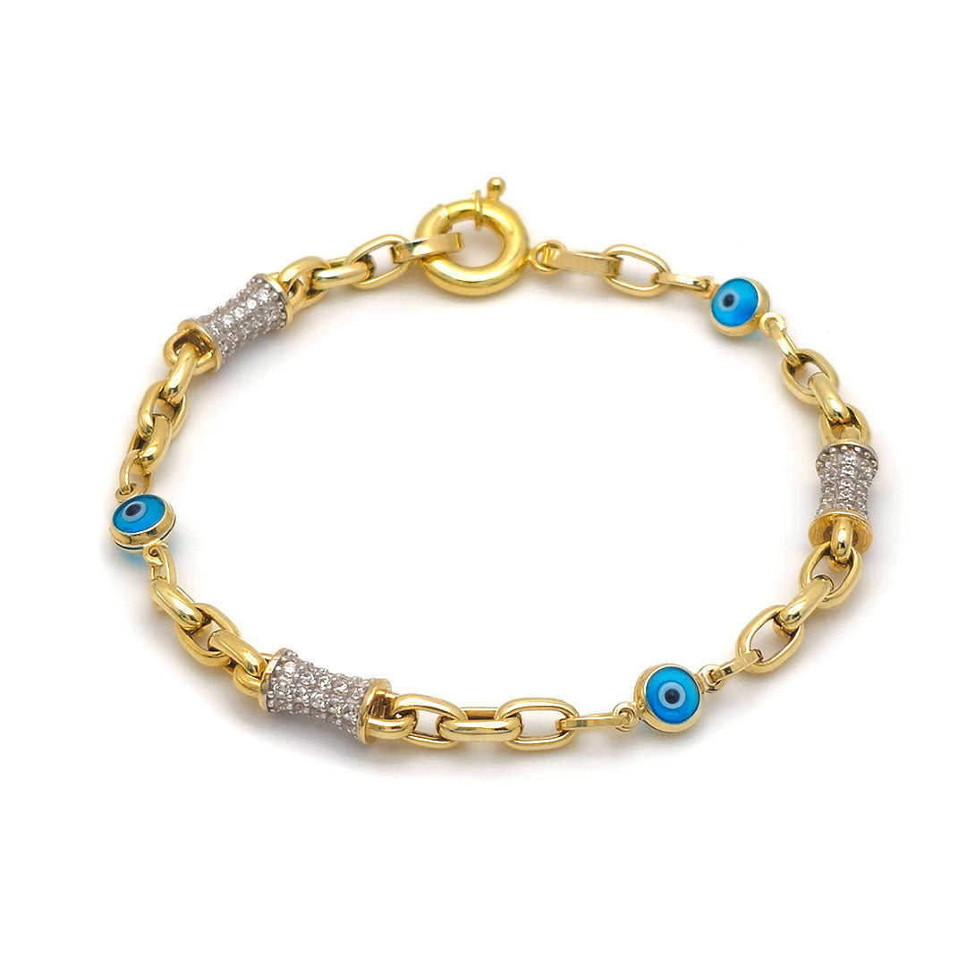 10k Evil Eye & CZ Barrel Bracelet with Circle Toggle Lock