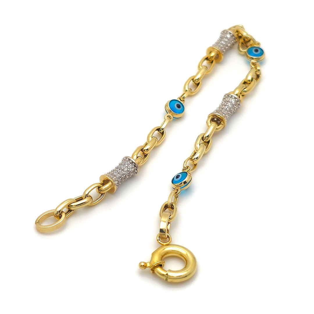 10k Evil Eye & CZ Barrel Bracelet with Circle Toggle Lock Opened