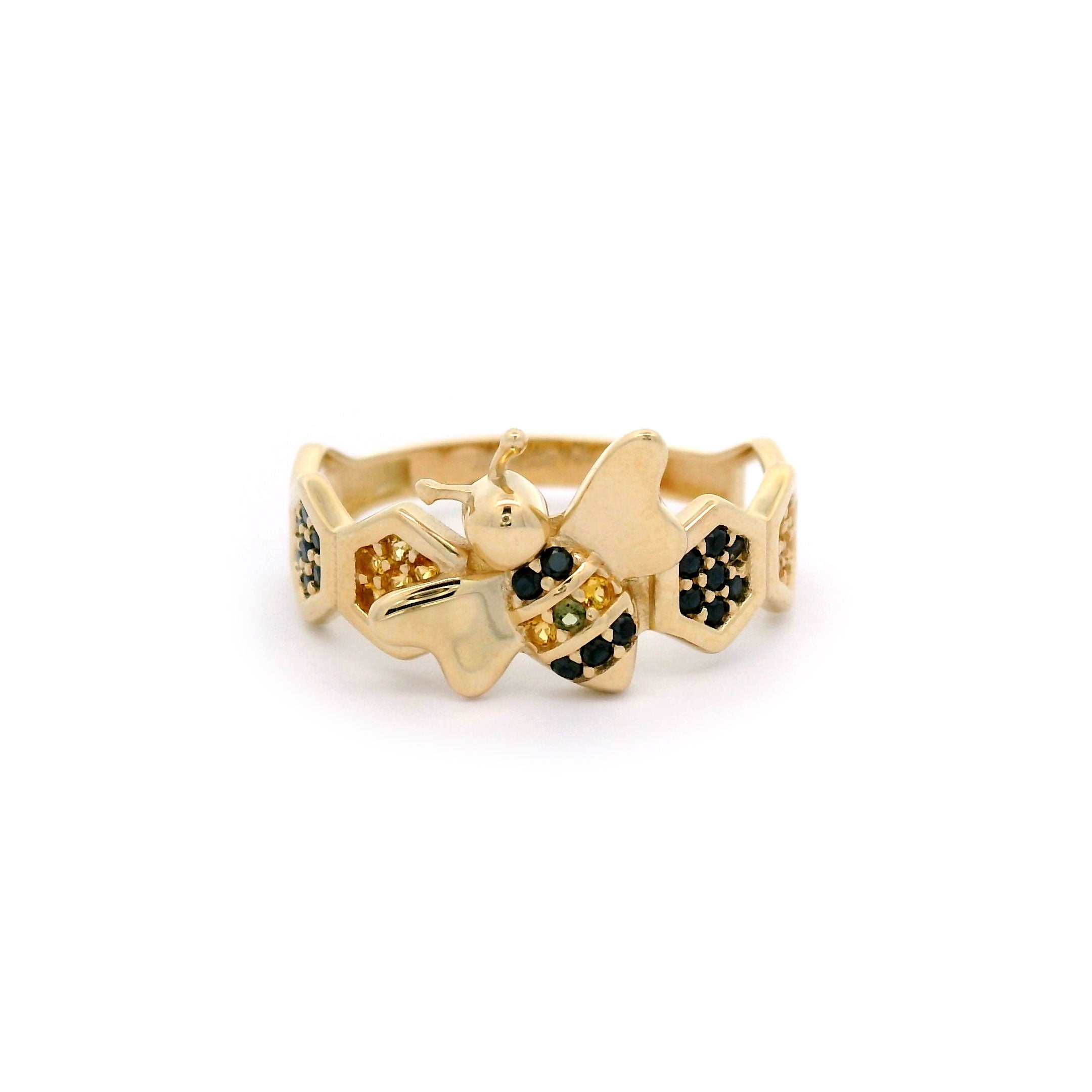 Black & Yellow CZ Bee with Beehive Ring in Solid 14kt Yellow Gold