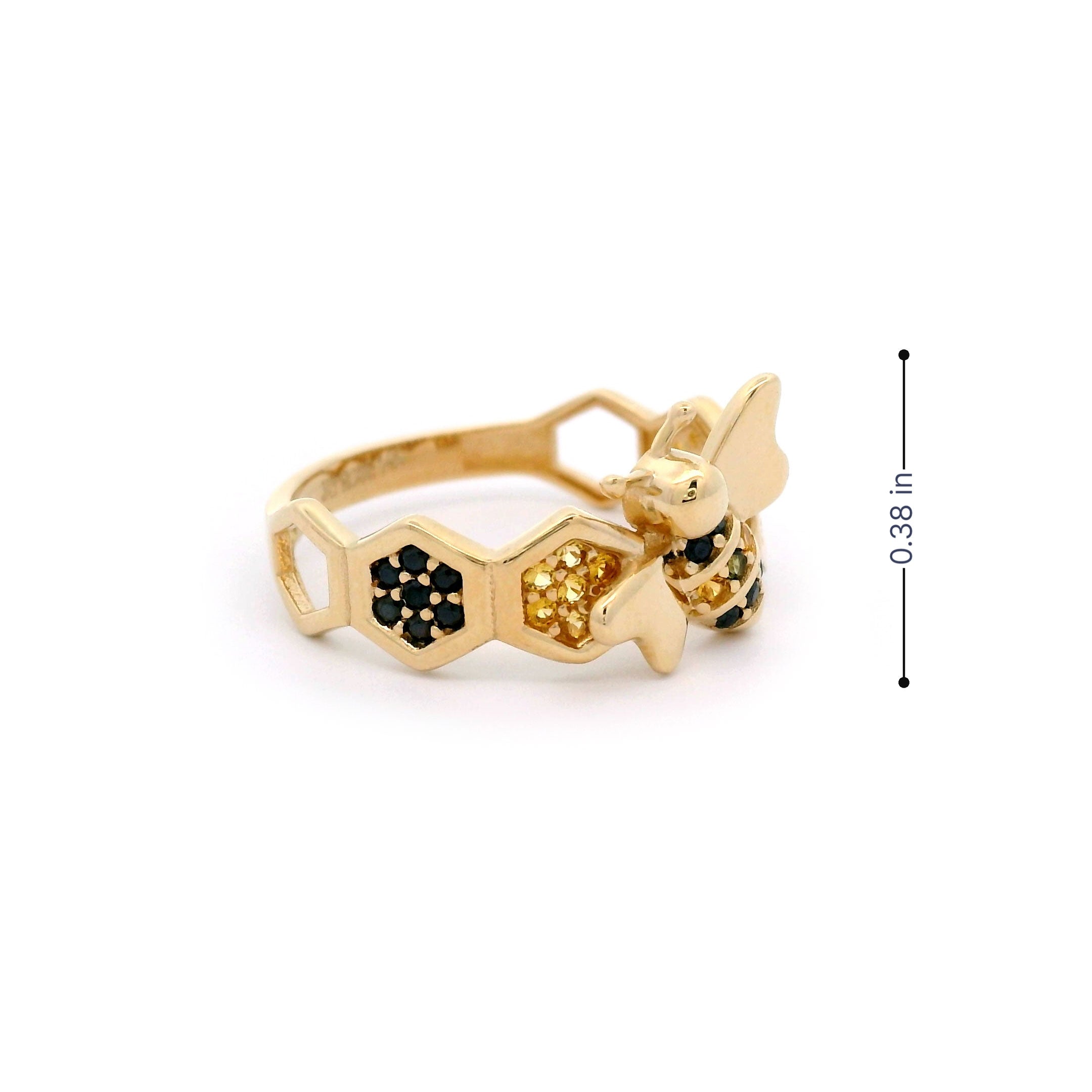 Black & Yellow CZ Bee with Beehive Ring in Solid 14kt Yellow Gold Side 0.38 inch