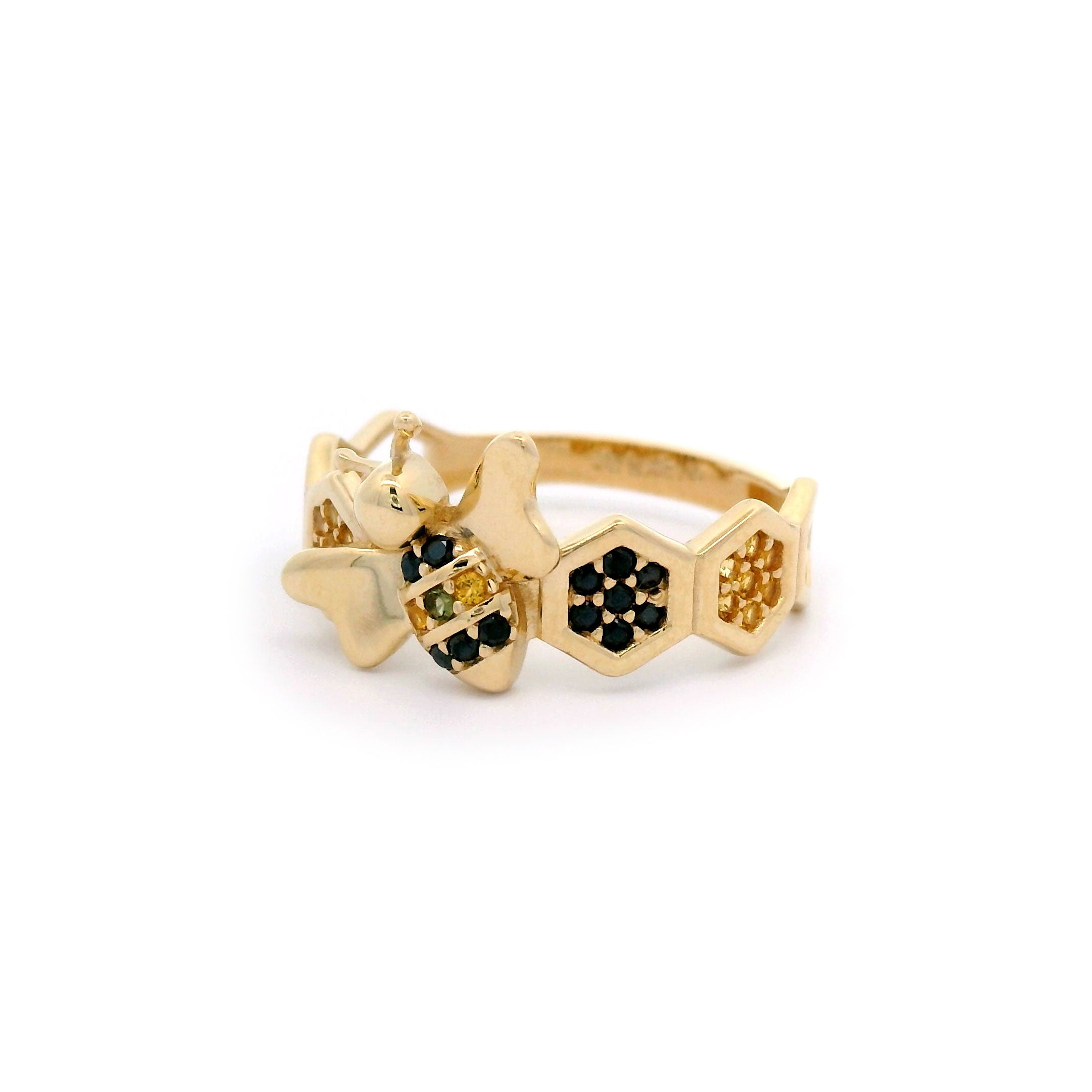 Black & Yellow CZ Bee with Beehive Ring in Solid 14kt Yellow Gold Side