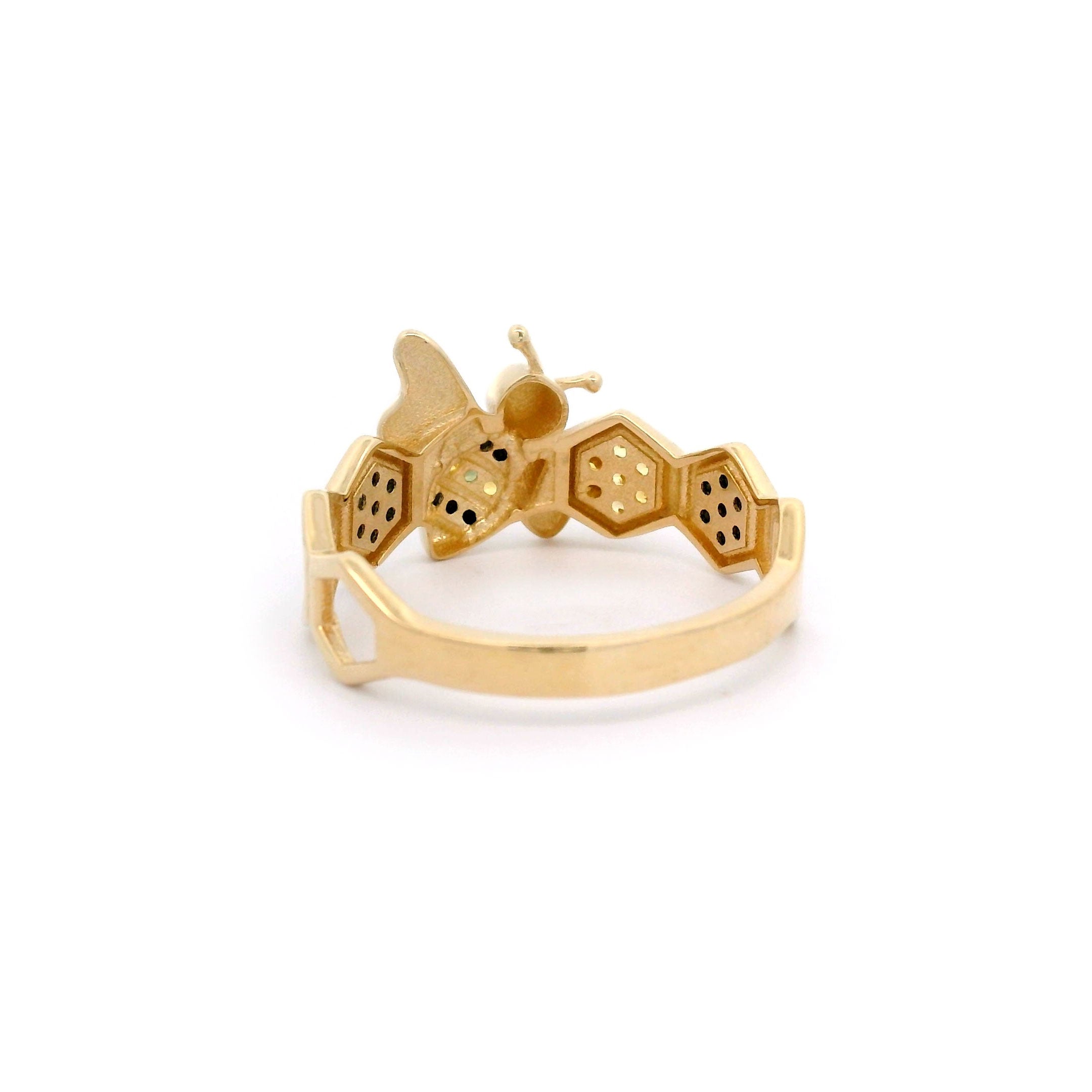 Black & Yellow CZ Bee with Beehive Ring in Solid 14kt Yellow Gold Back