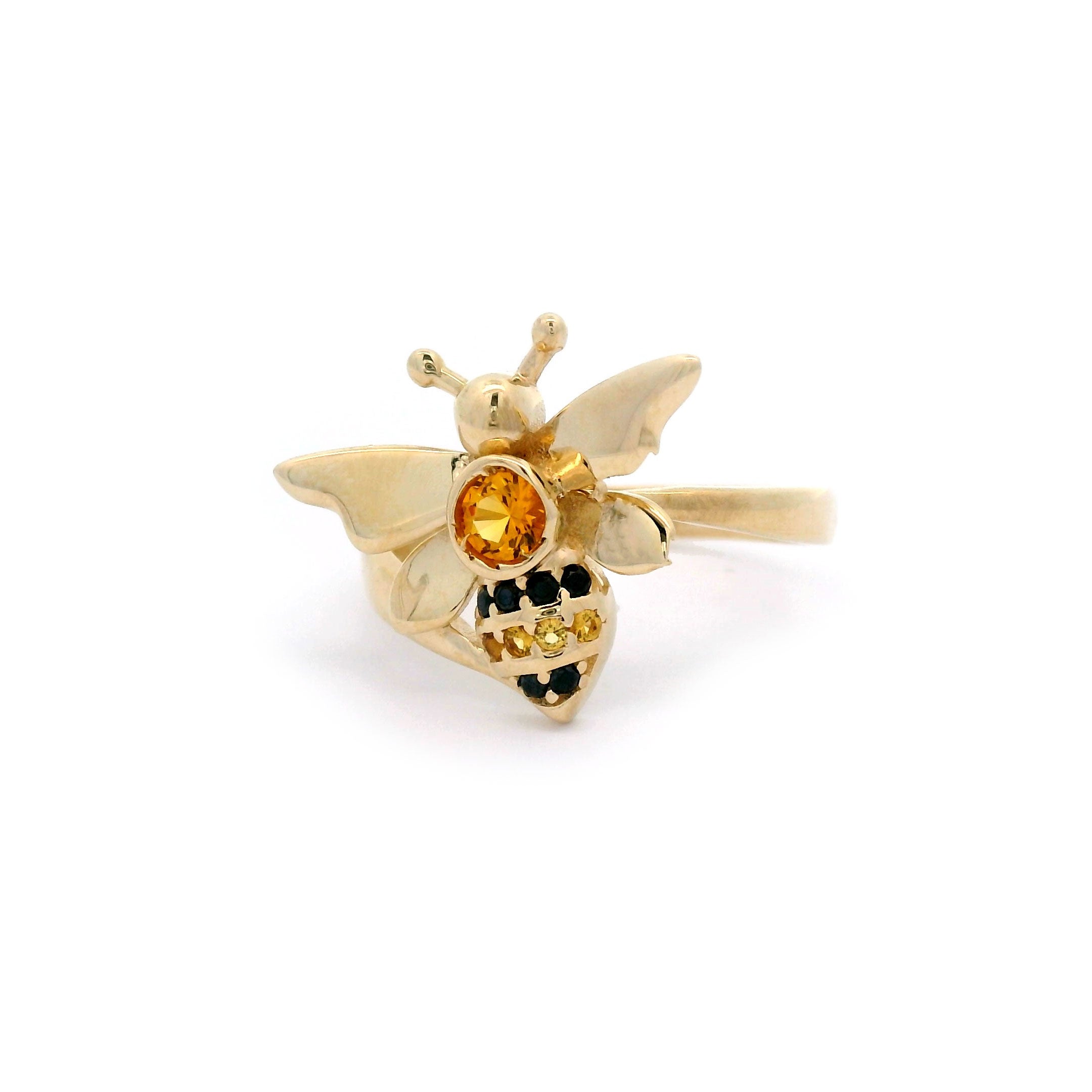 Black & Yellow CZ Bee Ring in Solid 14kt Yellow Gold