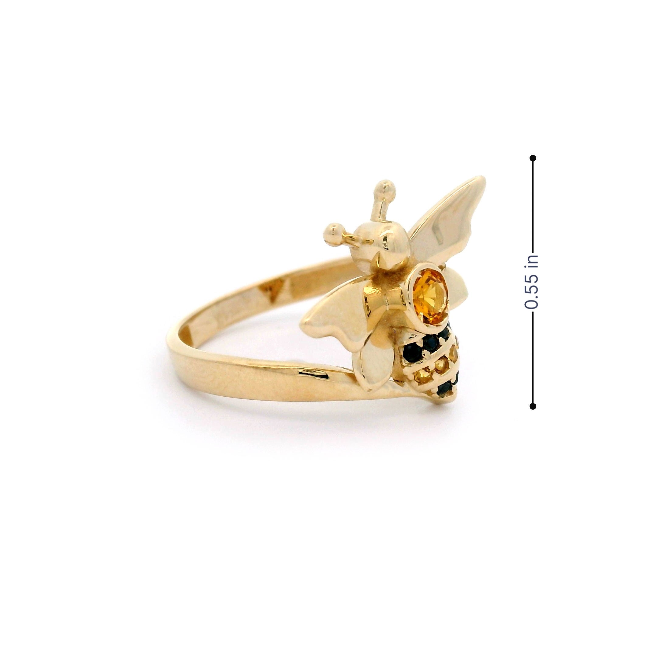 Black & Yellow CZ Bee Ring in Solid 14kt Yellow Gold Side 0.55 inch