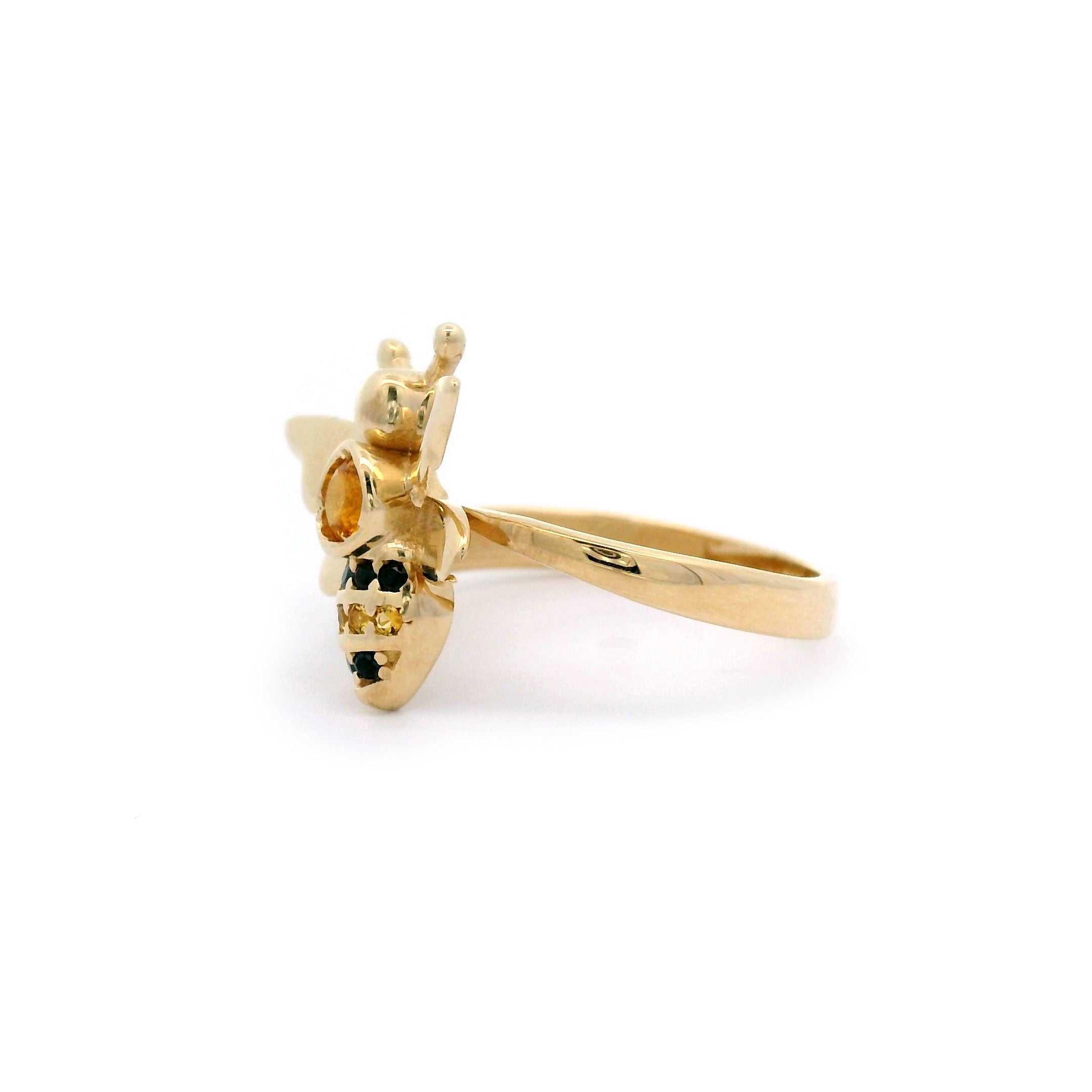 Black & Yellow CZ Bee Ring in Solid 14kt Yellow Gold Side