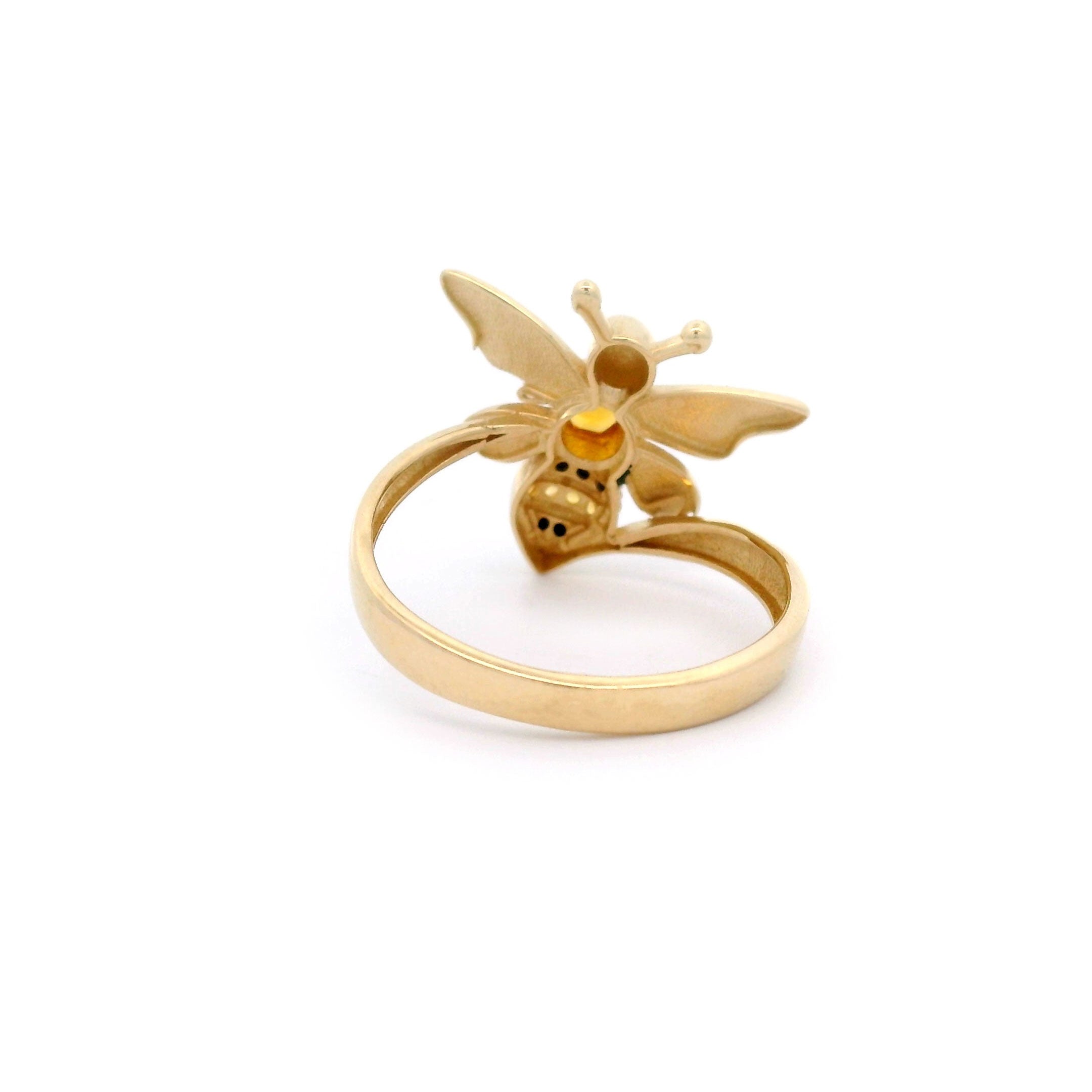 Black & Yellow CZ Bee Ring in Solid 14kt Yellow Gold Back