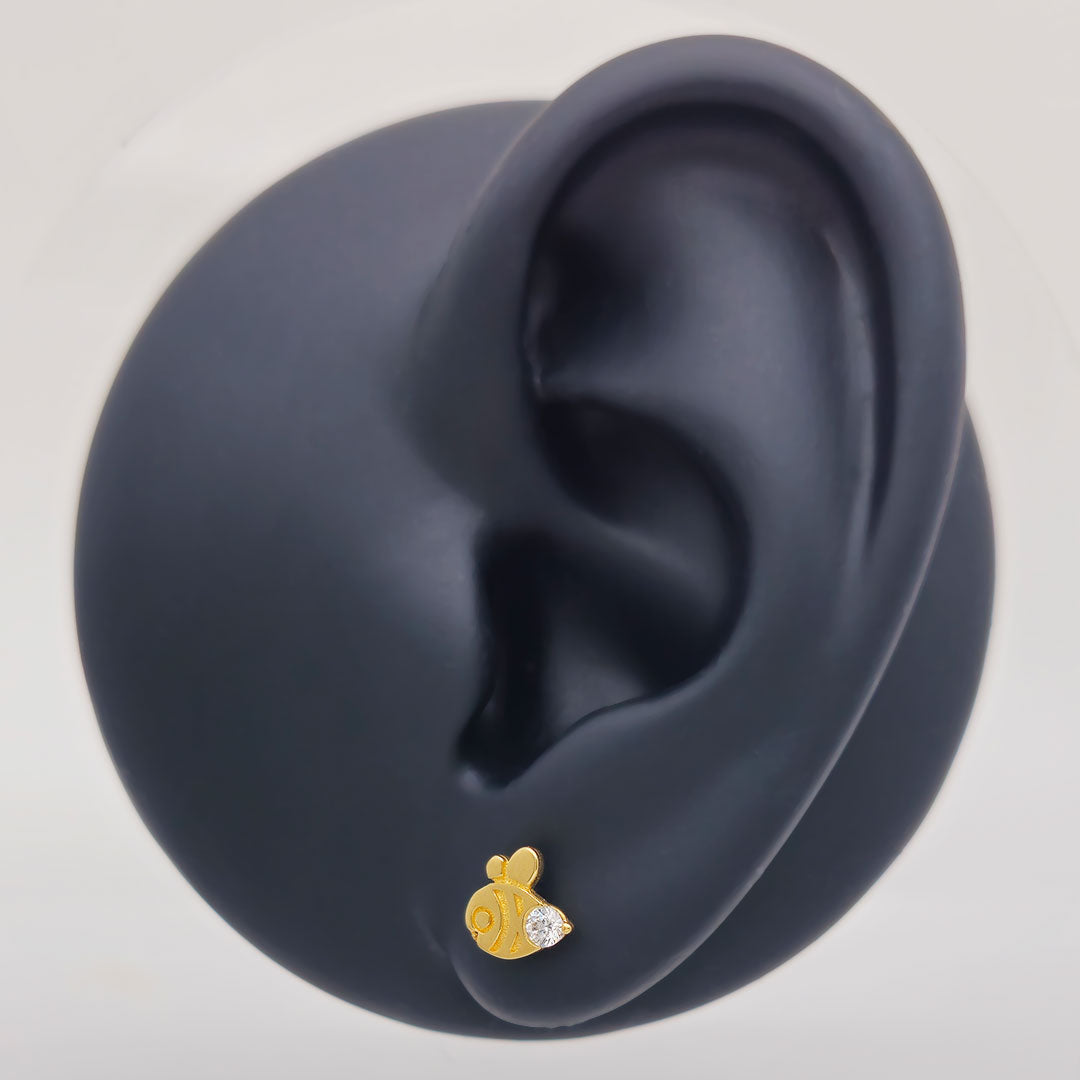 14k CZ Bumble Bee Stud Earrings on Ear Display