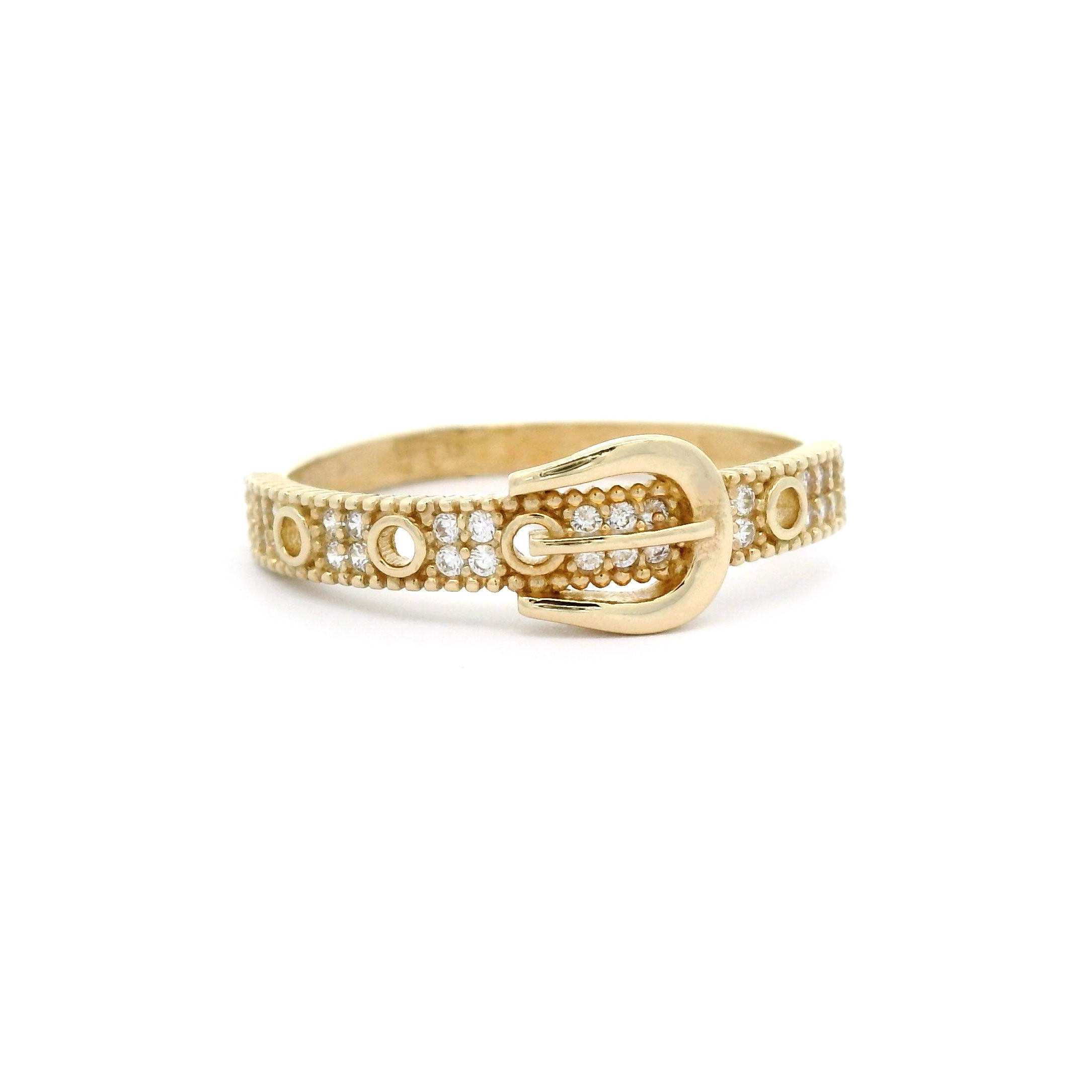 Belt Buckle Ring with Stones in Solid 10k Yellow Gold