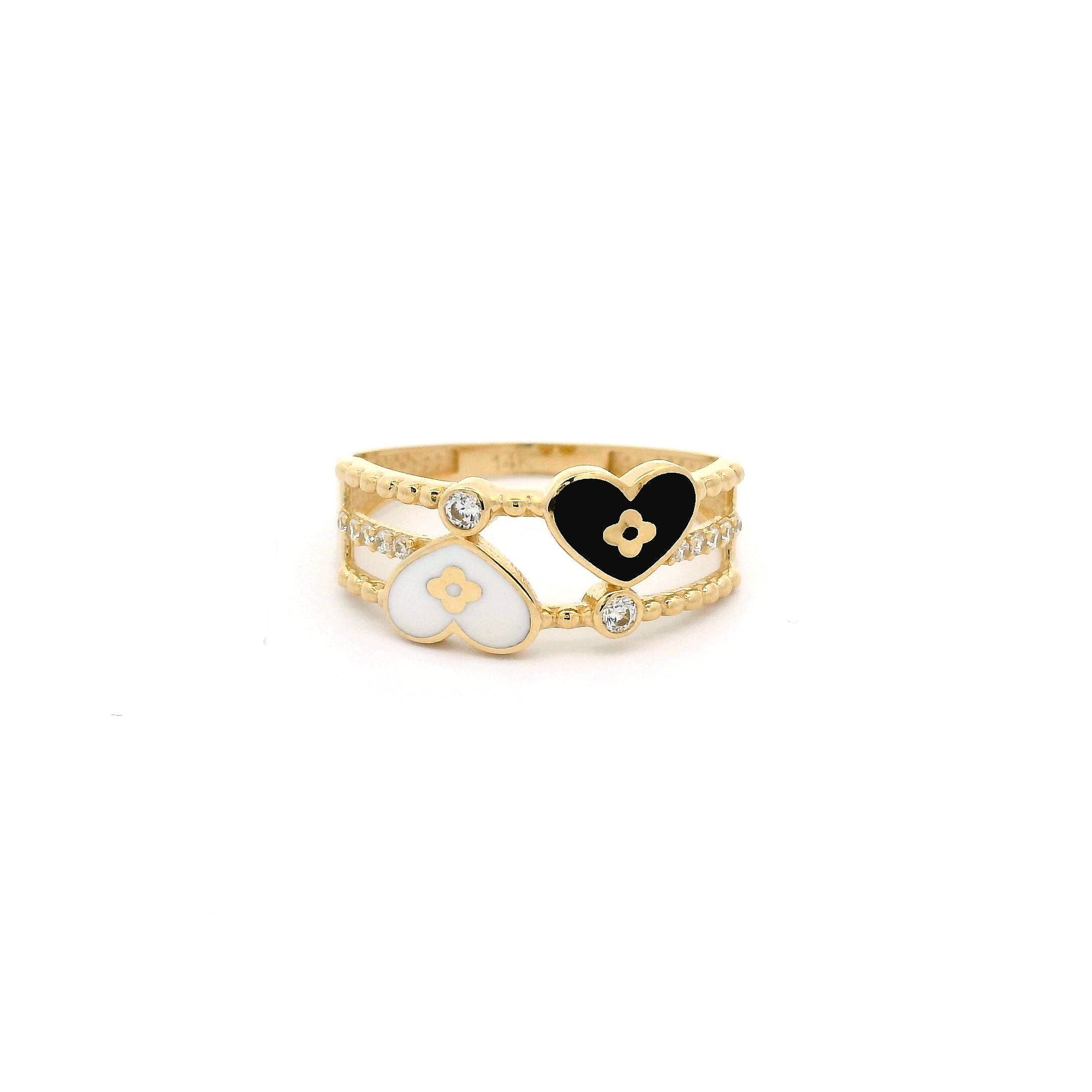 14k Black & White Double Heart Enamel Ring