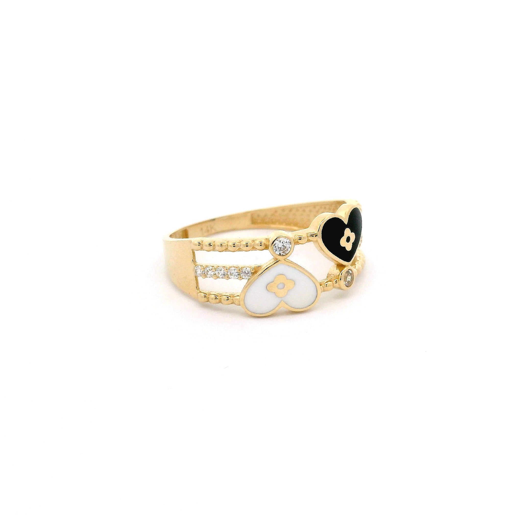 14k Black & White Double Heart Enamel Ring Side