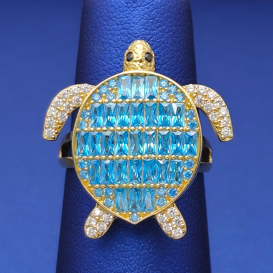 10k CZ Fancy Turtle with Blue Baguette Back Ring