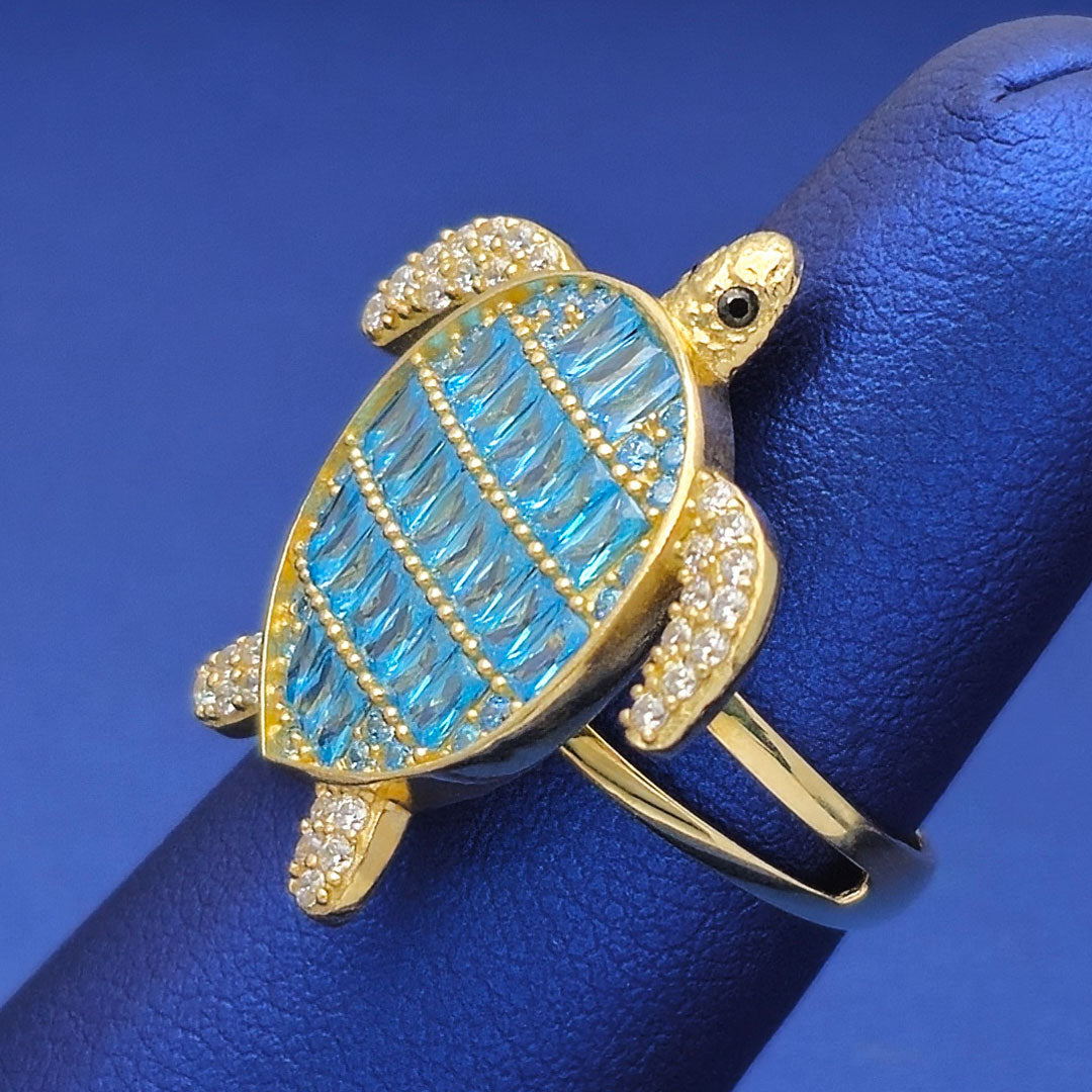 10k CZ Fancy Turtle with Blue Baguette Back Ring