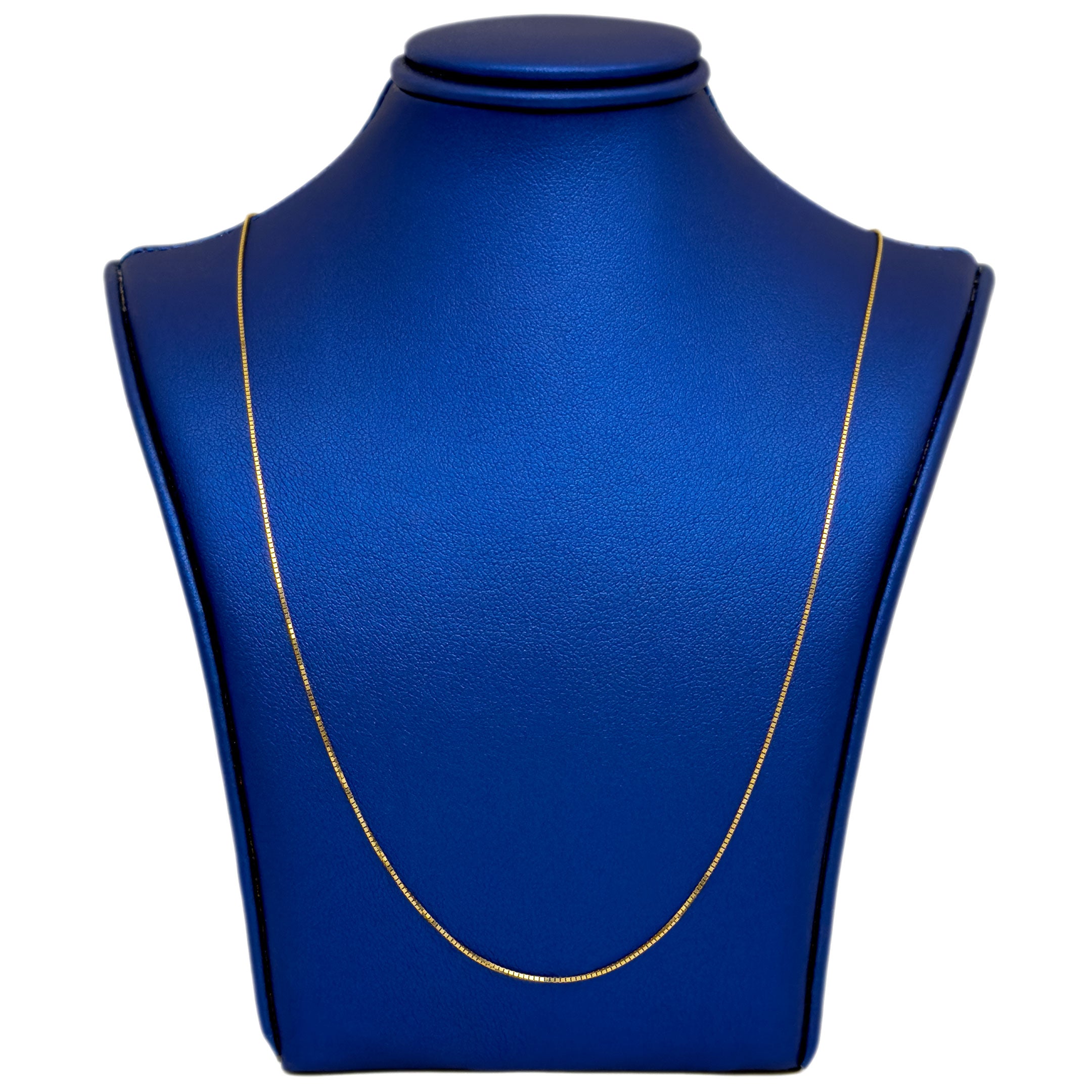 14k Yellow Gold Box Fine Chain on blue neck display