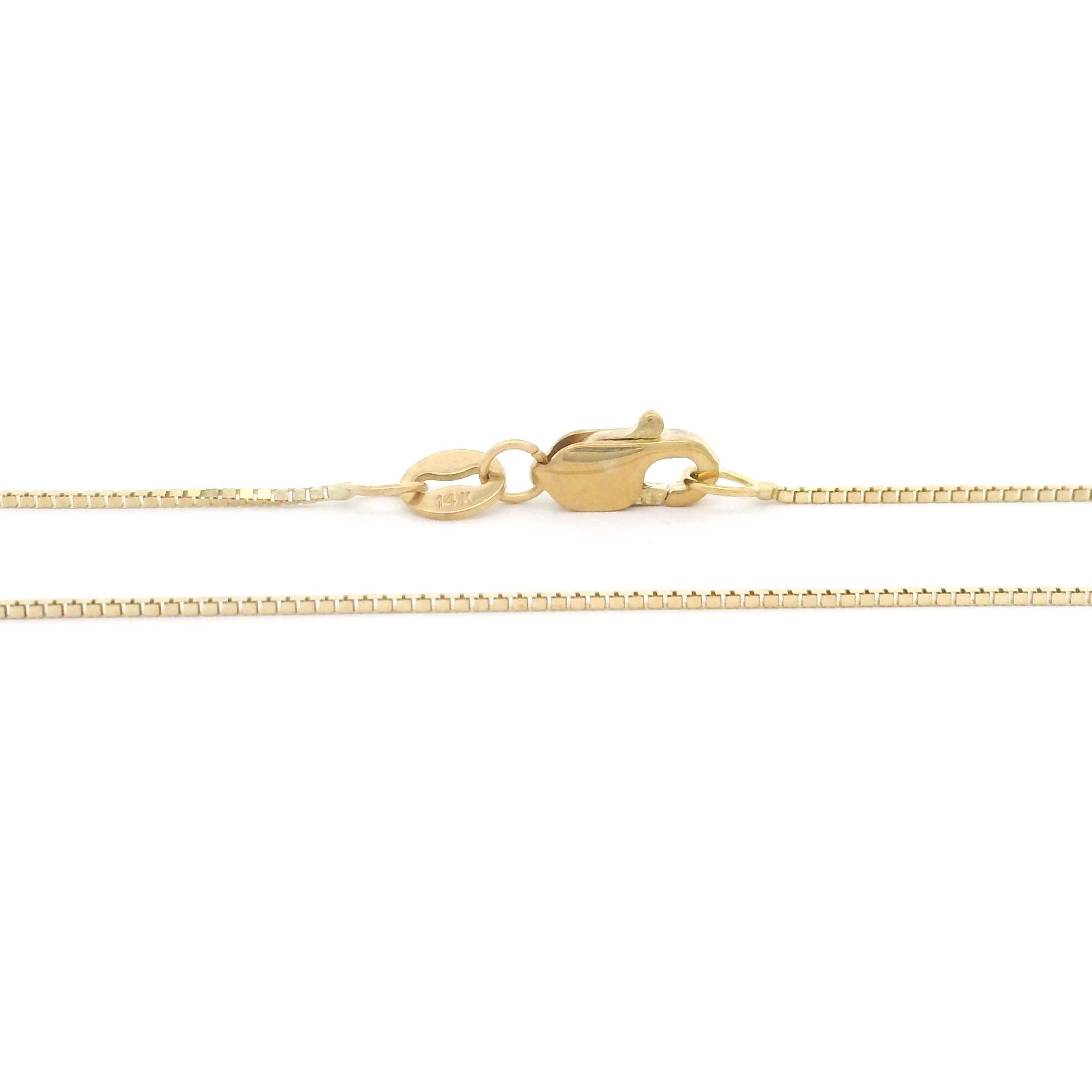 14k Yellow Gold Box Fine Chain on white background clasp