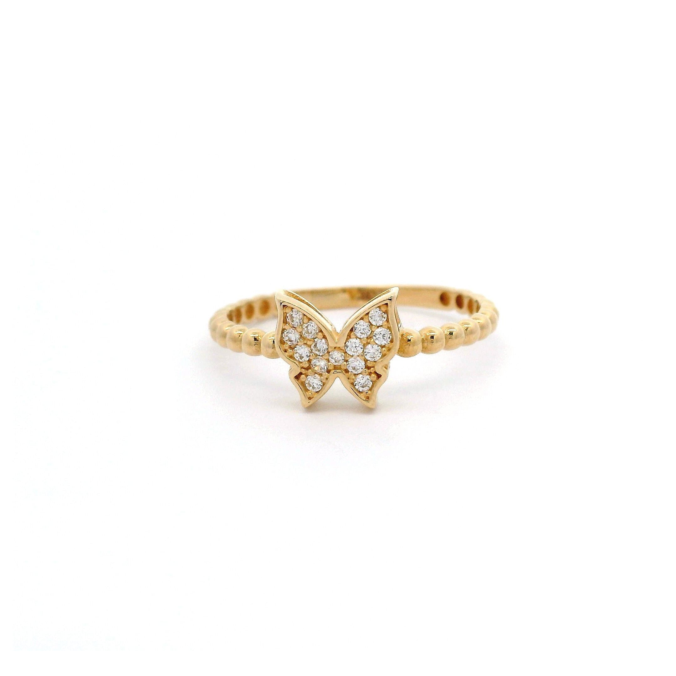 14k CZ Butterfly & Bead Ring