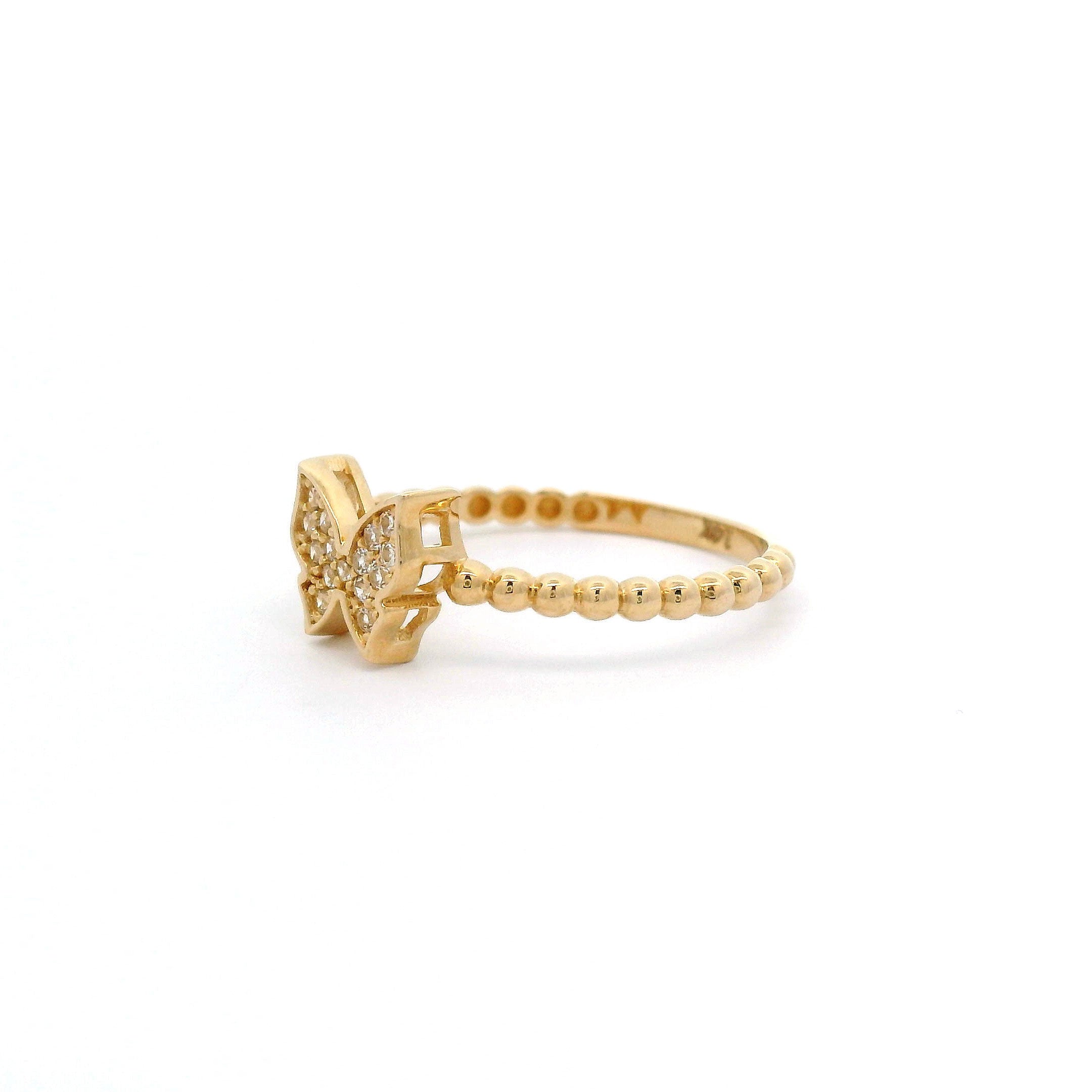 14k CZ Butterfly & Bead Ring left side