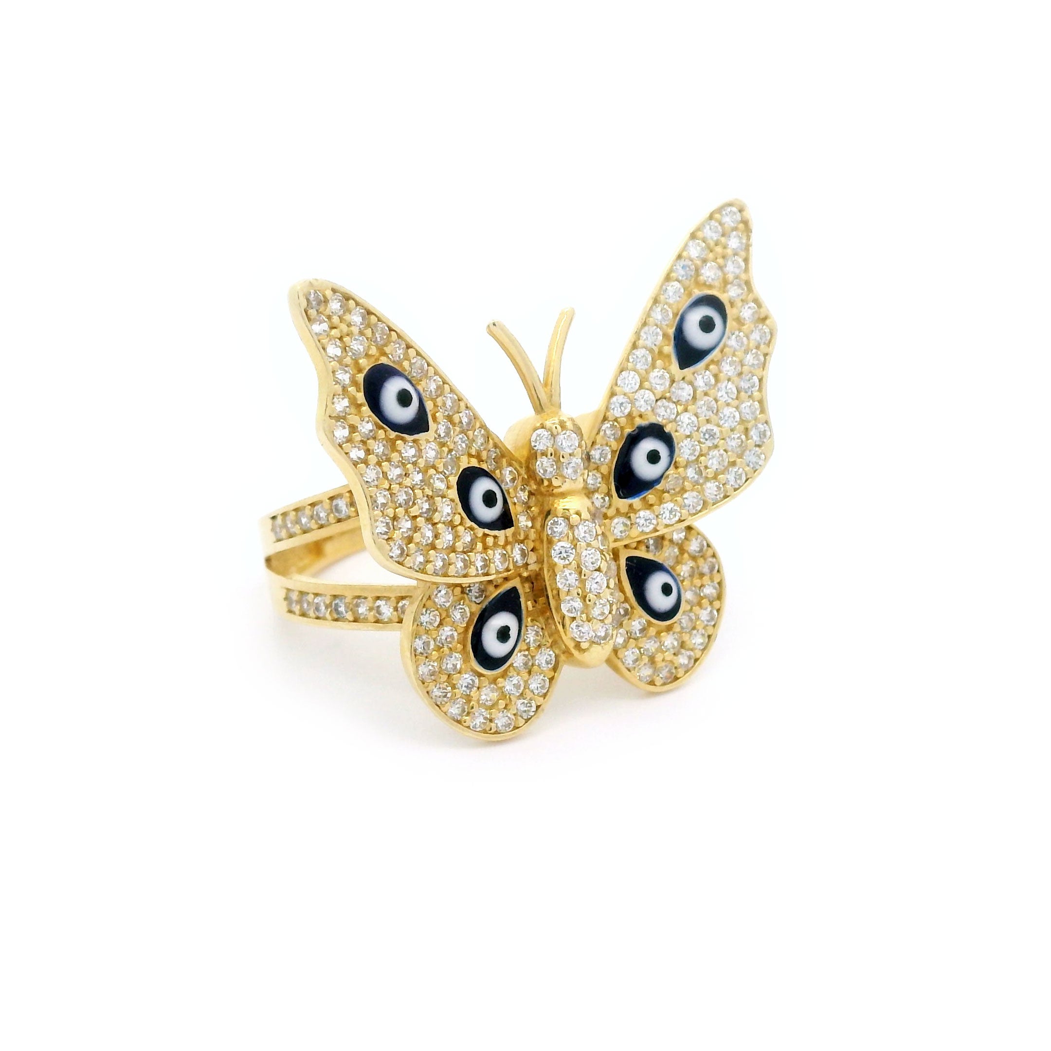 14k CZ Butterfly & Blue Enamel Evil Eye Ring Side