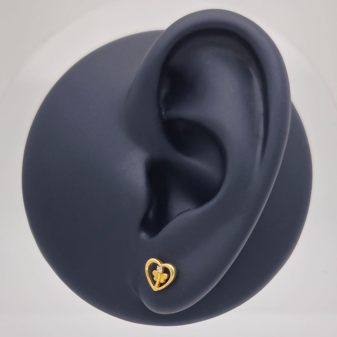 14k CZ Heart & Butterfly Stud Earrings on Ear Display