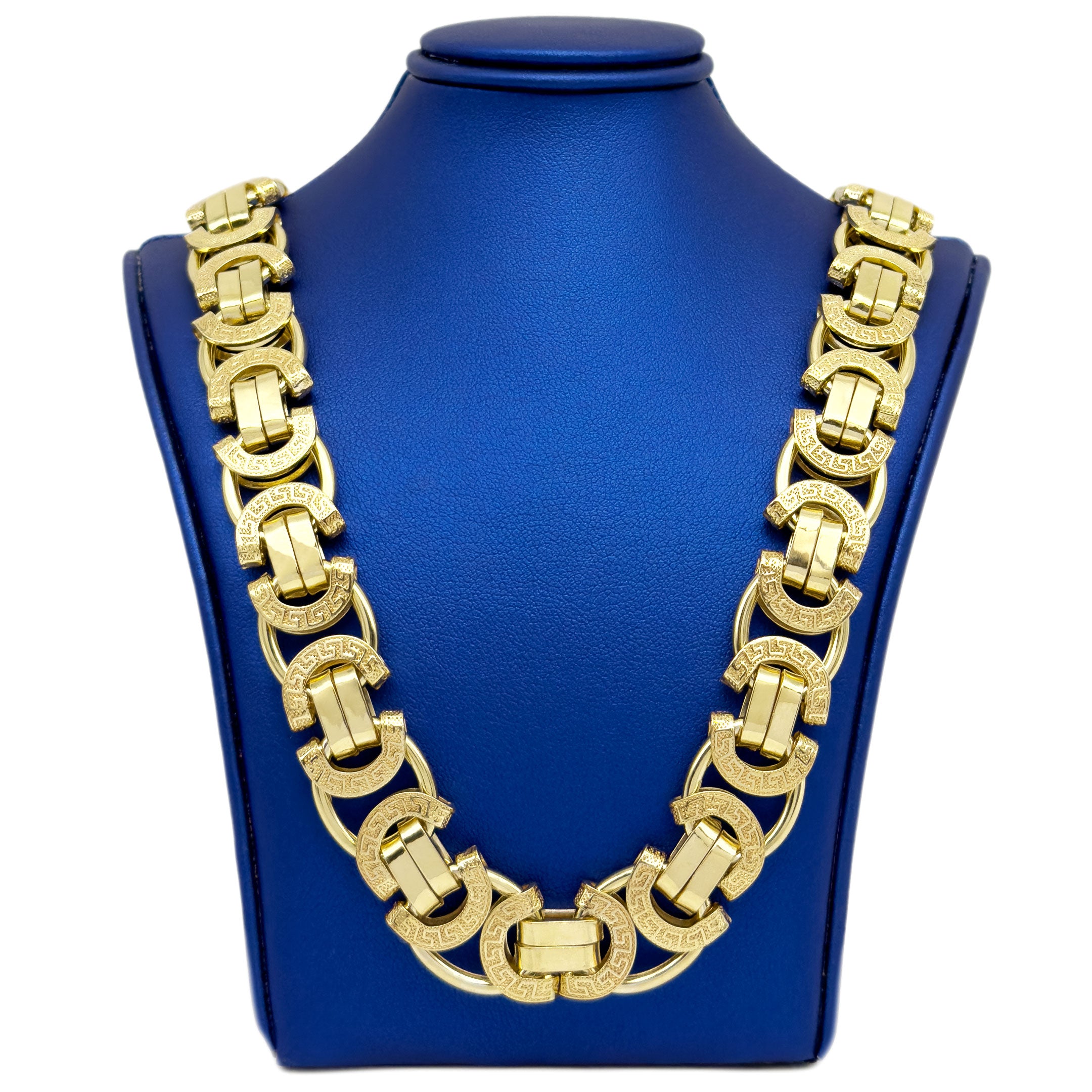 10k Yellow Gold Fancy Byzantine Flat Chain with Geometric Design 15mm - Hollow on blue neck display