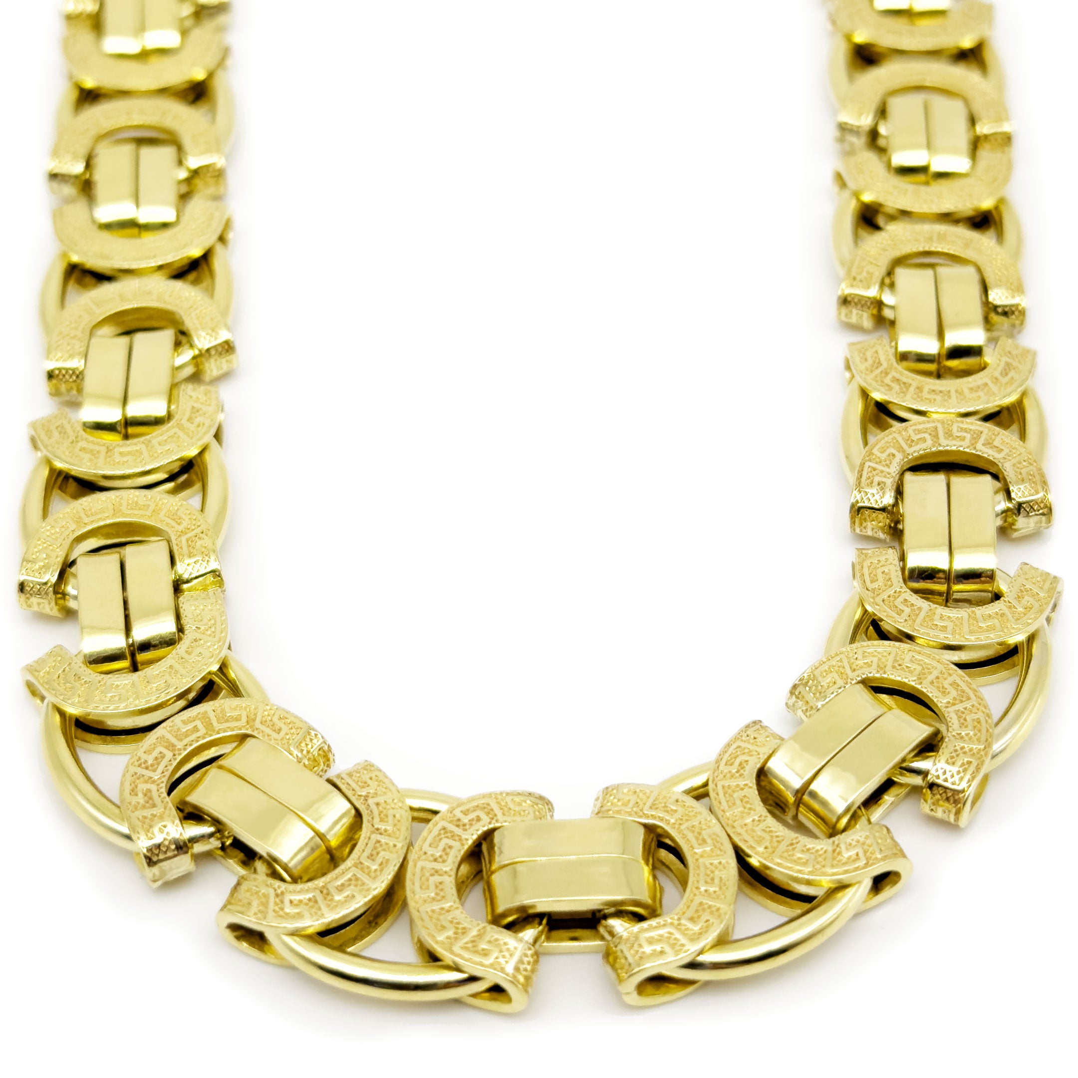 10k Yellow Gold Fancy Byzantine Flat Chain with Geometric Design 15mm - Hollow on white background